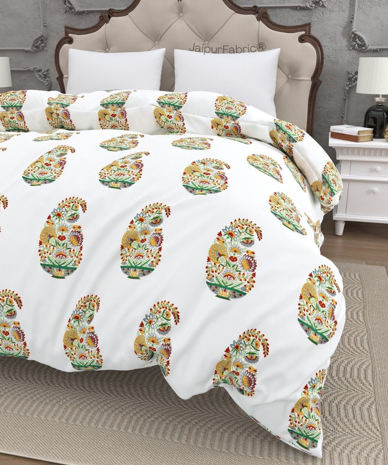 Hand Block Printed Double Bed Quilt Floral Valley Bunai Pattern Indian Kairi Design Double Bed Quilt