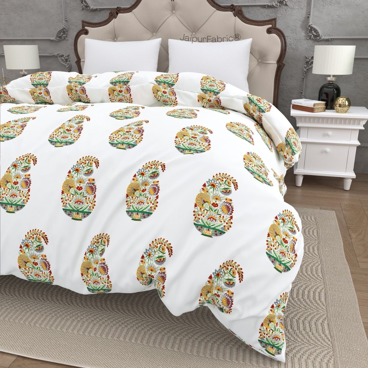 Hand Block Printed Double Bed Quilt Floral Valley Bunai Pattern Indian Kairi Design Double Bed Quilt