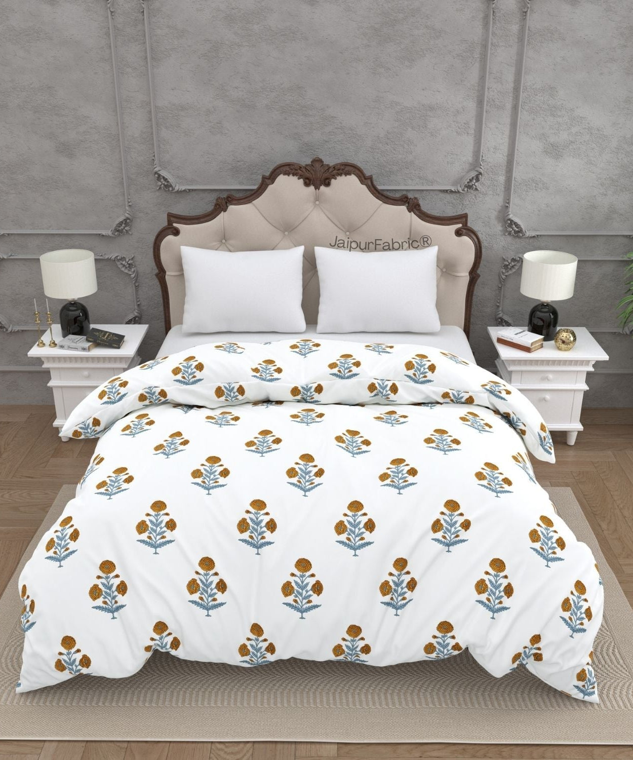 Classic Floral Boota Hand Block Printed Double Bed Quilt with Marigold Flower and Grey Leaves
