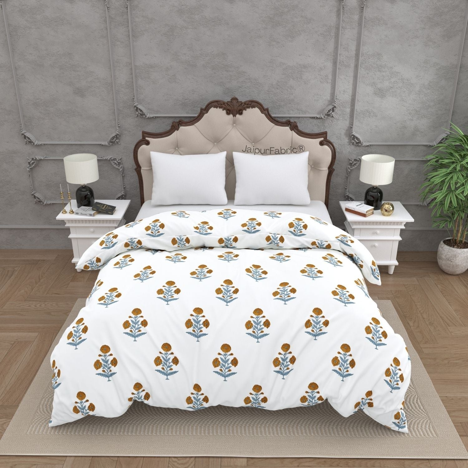 Classic Floral Boota Hand Block Printed Double Bed Quilt with Marigold Flower and Grey Leaves
