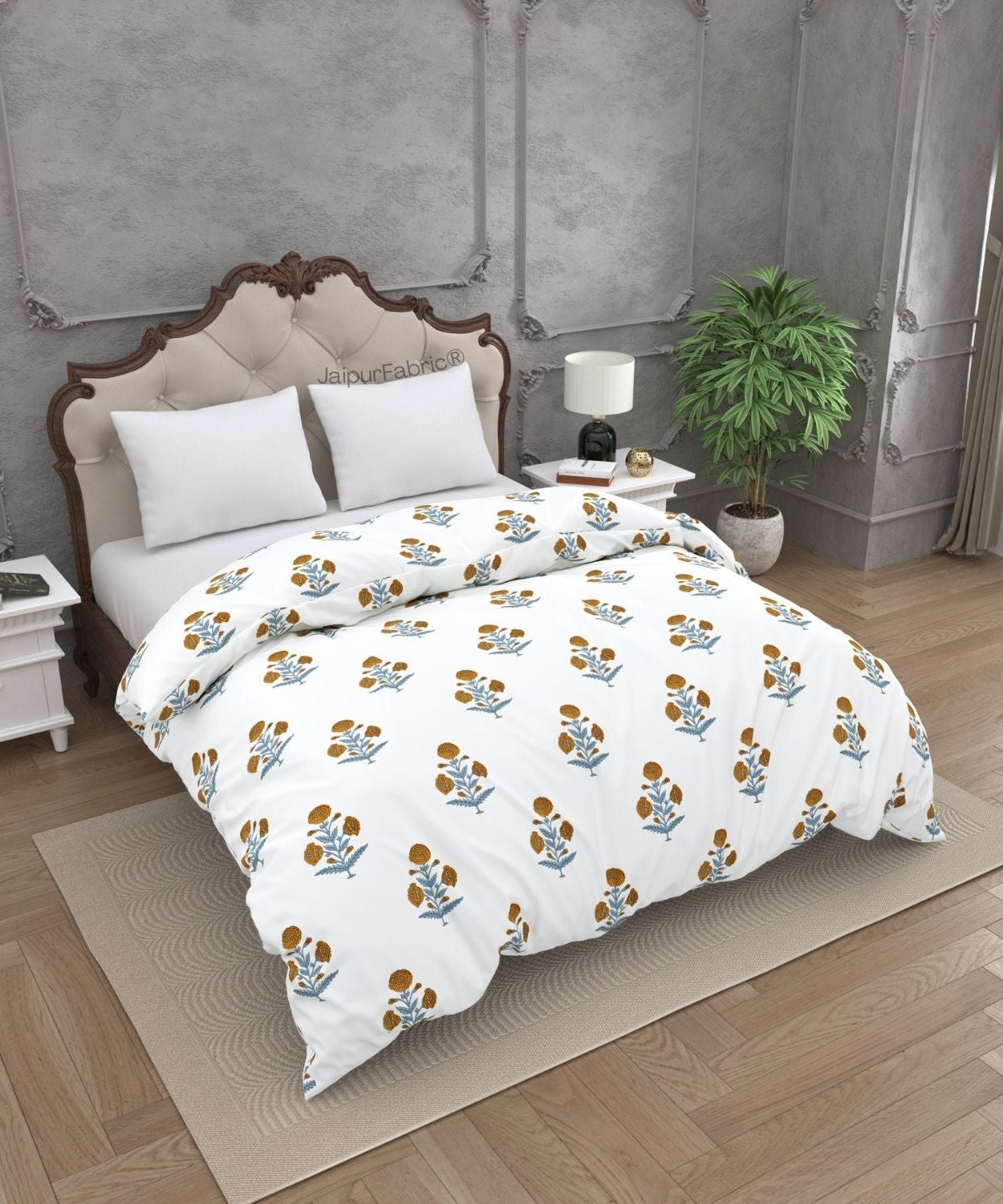 Classic Floral Boota Hand Block Printed Double Bed Quilt with Marigold Flower and Grey Leaves