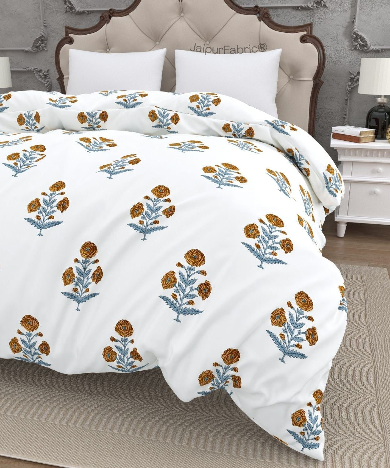 Classic Floral Boota Hand Block Printed Double Bed Quilt with Marigold Flower and Grey Leaves