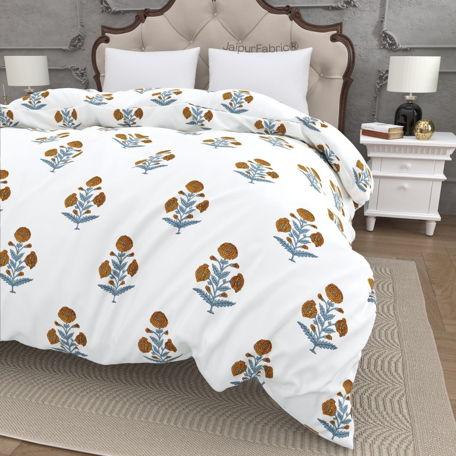 Classic Floral Boota Hand Block Printed Double Bed Quilt with Marigold Flower and Grey Leaves