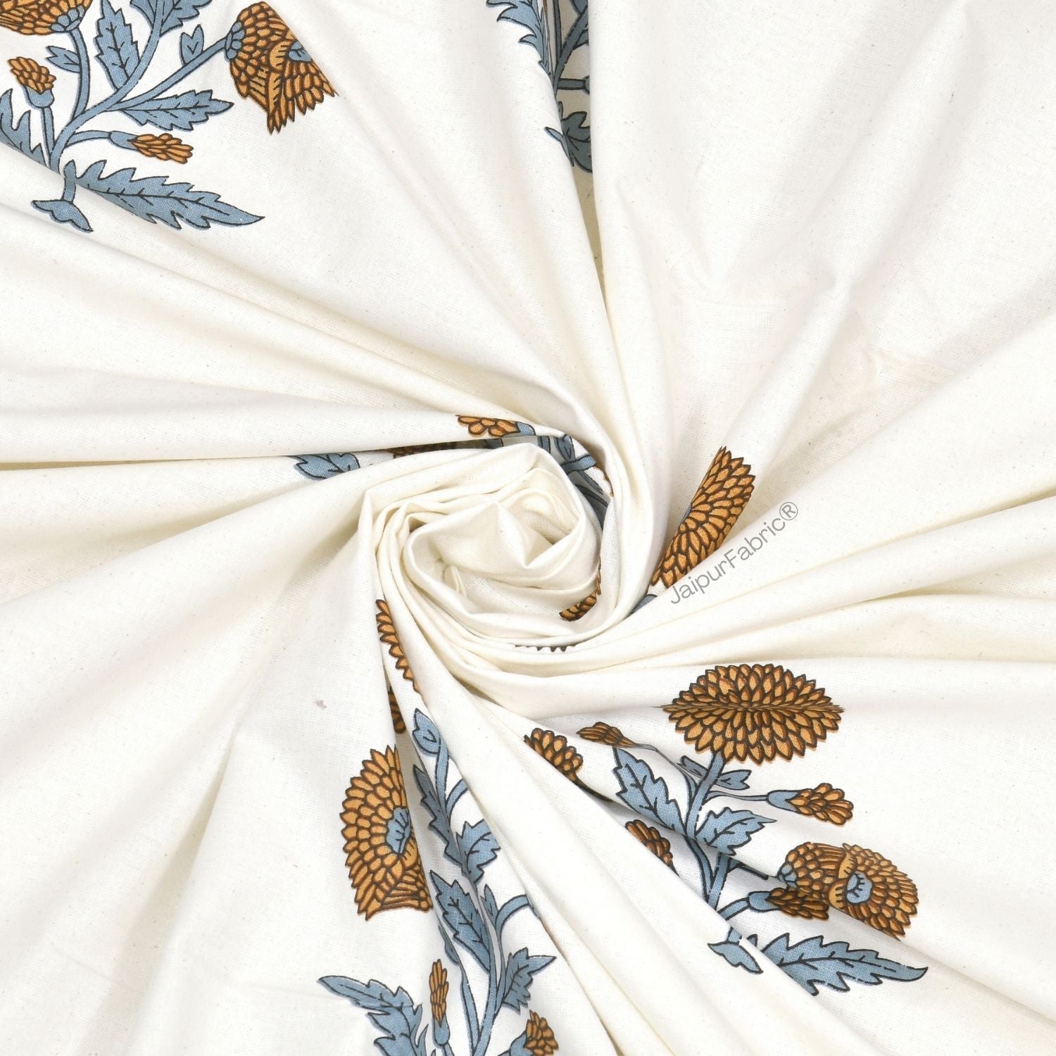 Classic Floral Boota Hand Block Printed Double Bed Quilt with Marigold Flower and Grey Leaves