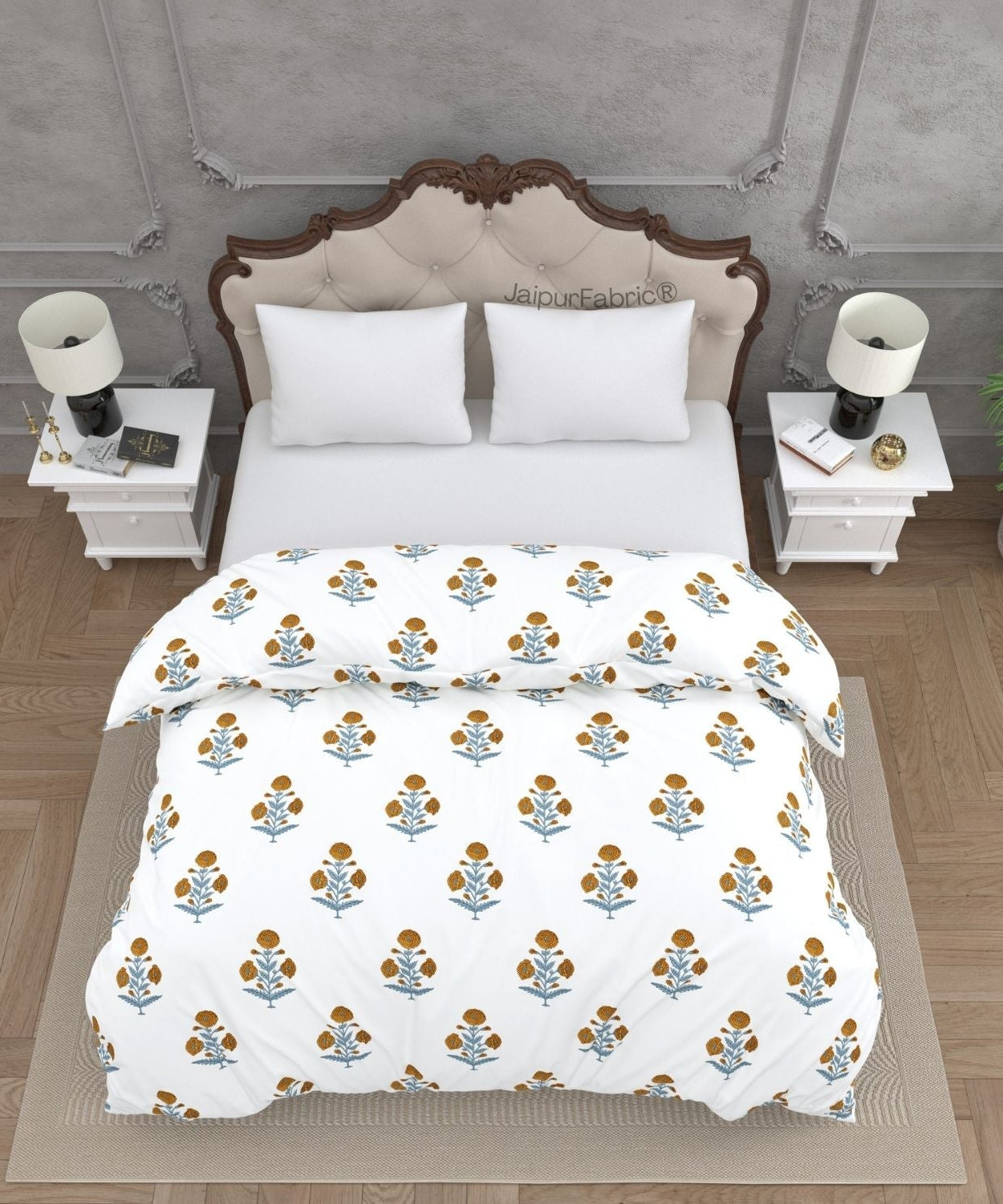 Classic Floral Boota Hand Block Printed Double Bed Quilt with Marigold Flower and Grey Leaves