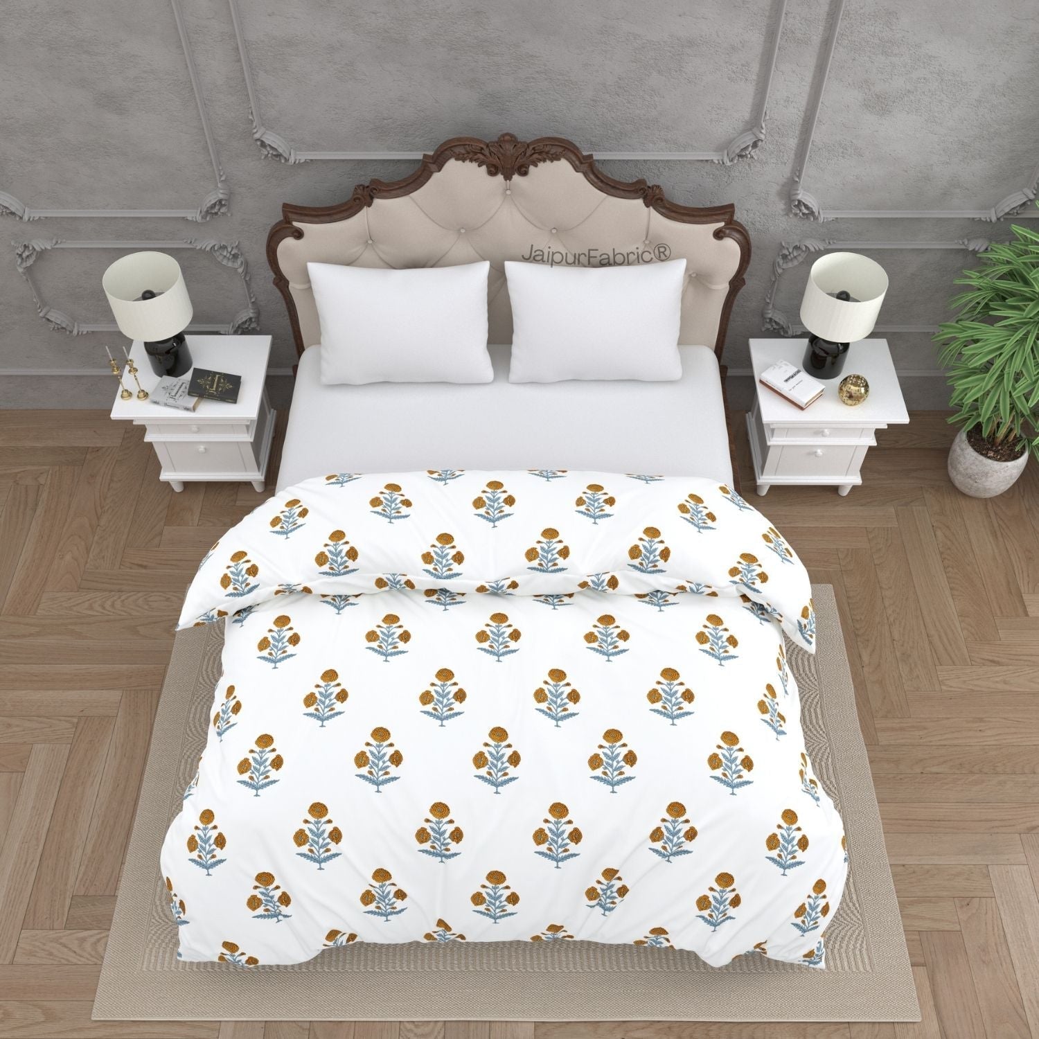 Classic Floral Boota Hand Block Printed Double Bed Quilt with Marigold Flower and Grey Leaves