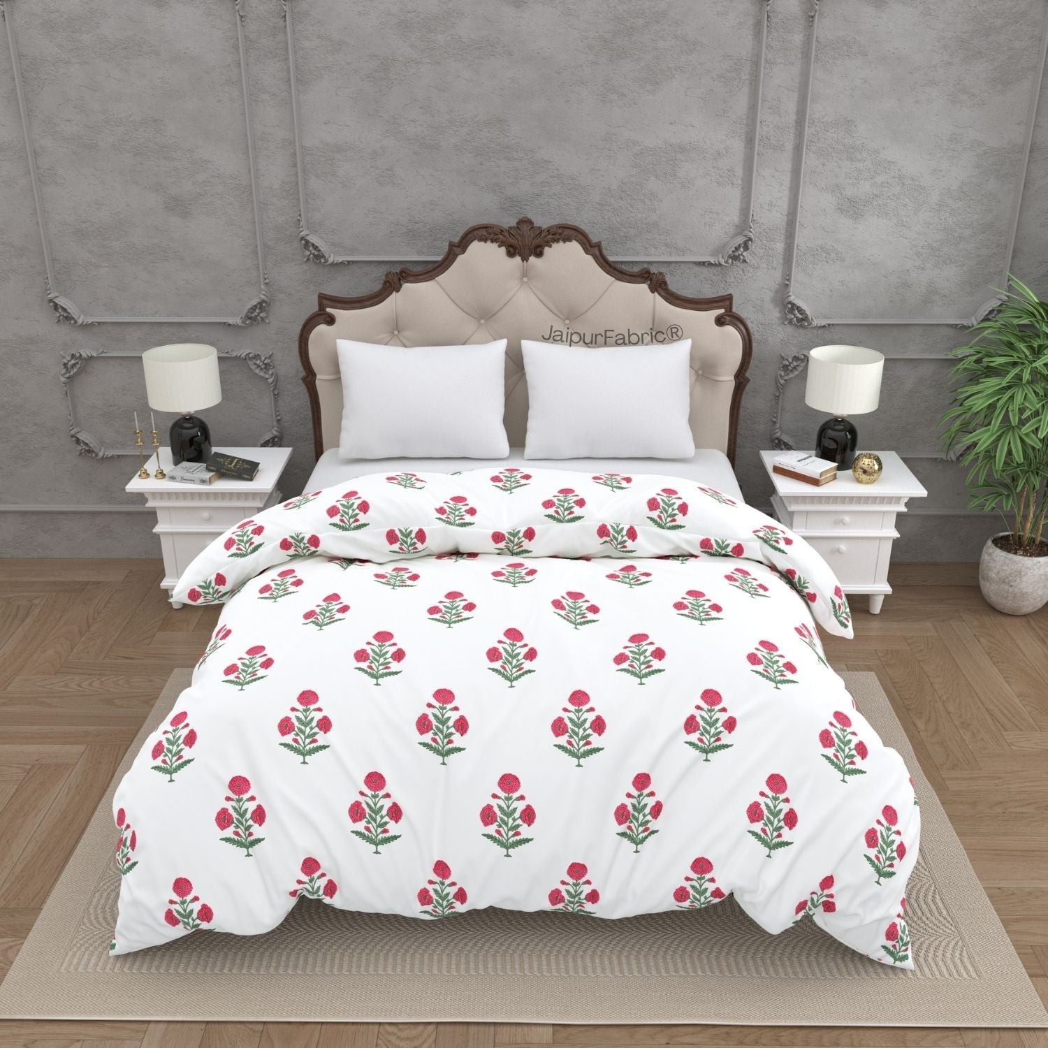 Ocean Enclave Handblock Red Flowers and Green Leaves Double Bed Quilt