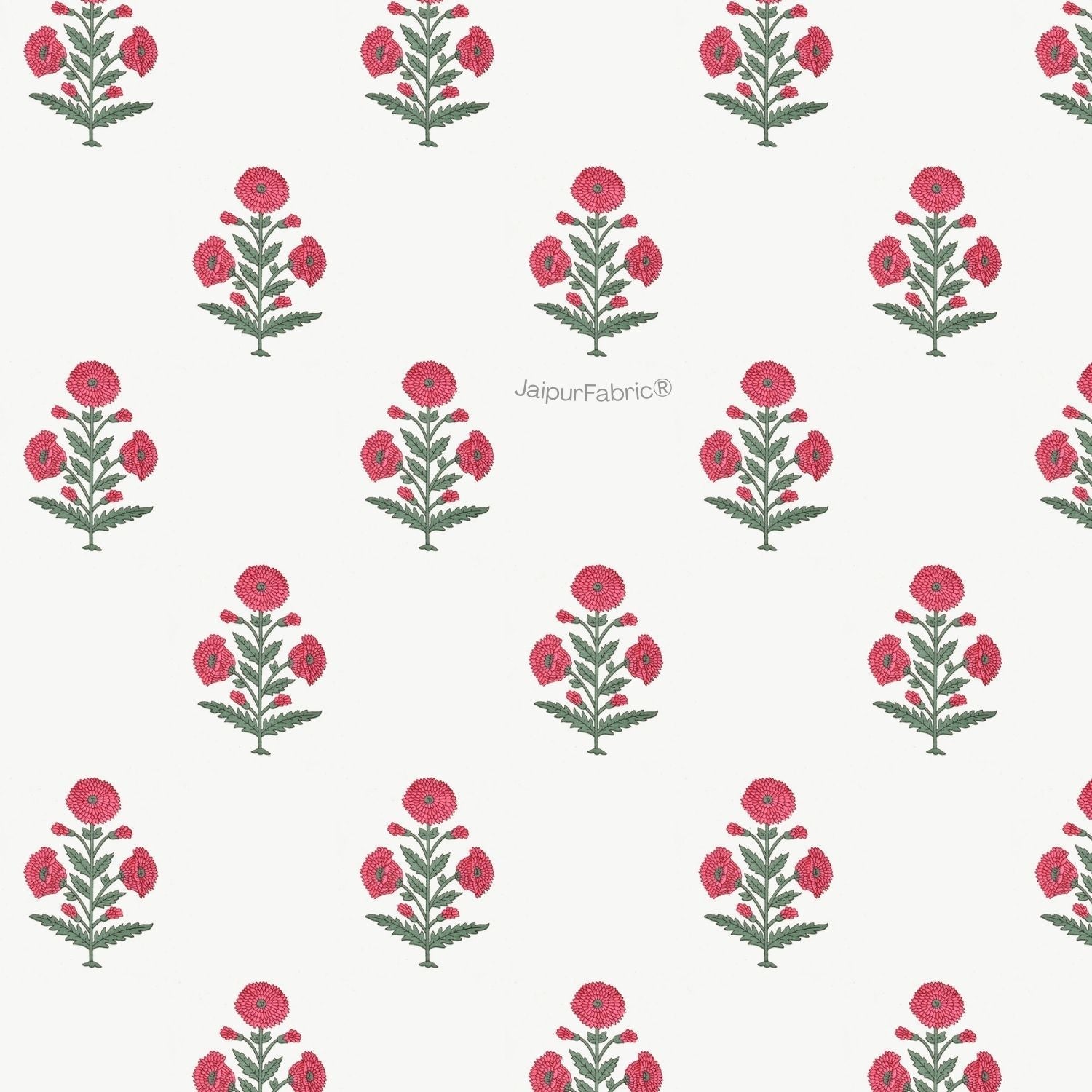 Ocean Enclave Handblock Red Flowers and Green Leaves Double Bed Quilt