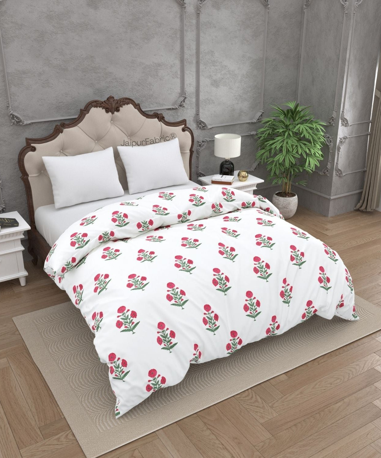 Ocean Enclave Handblock Red Flowers and Green Leaves Double Bed Quilt