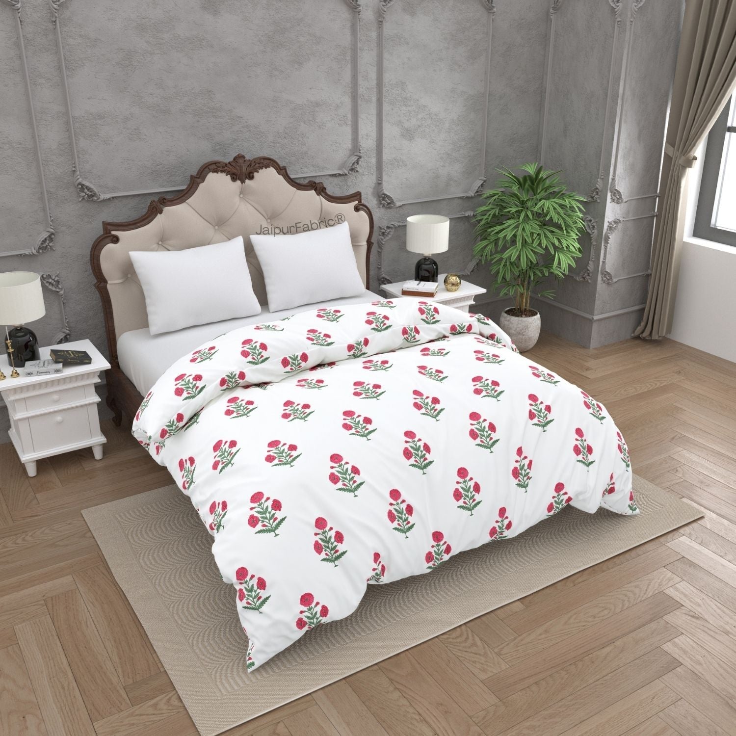 Ocean Enclave Handblock Red Flowers and Green Leaves Double Bed Quilt