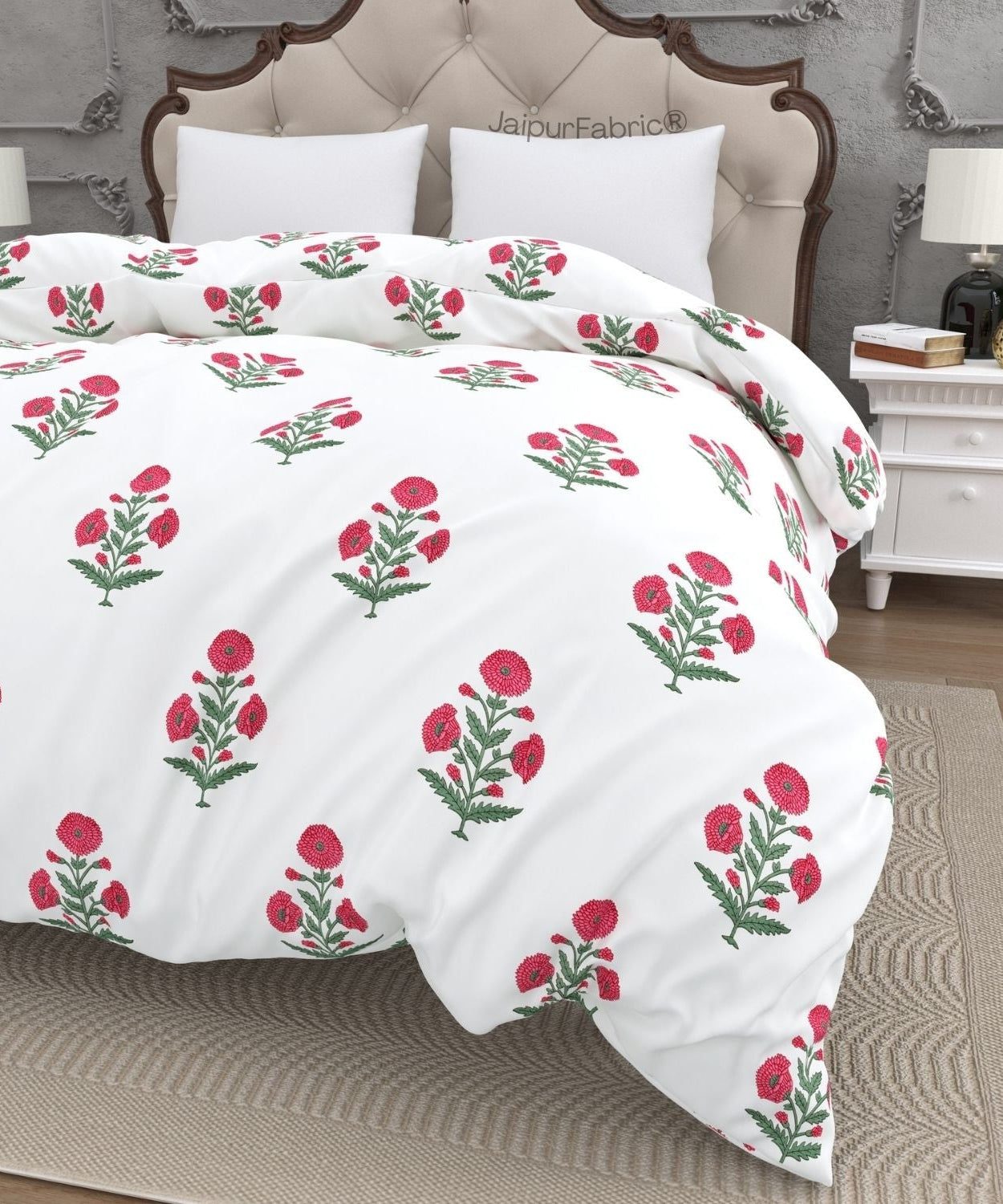 Ocean Enclave Handblock Red Flowers and Green Leaves Double Bed Quilt