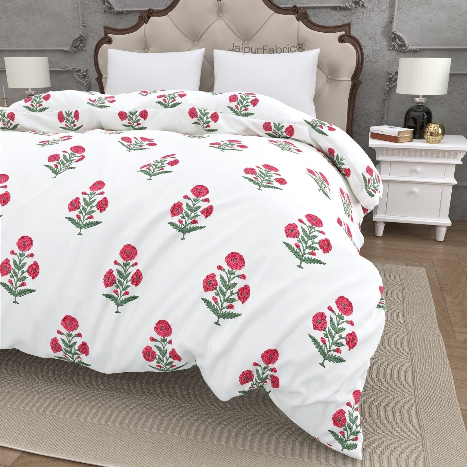 Ocean Enclave Handblock Red Flowers and Green Leaves Double Bed Quilt