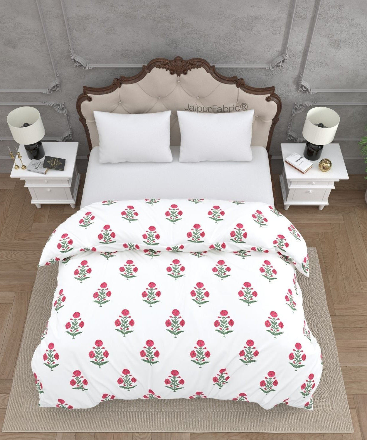 Ocean Enclave Handblock Red Flowers and Green Leaves Double Bed Quilt