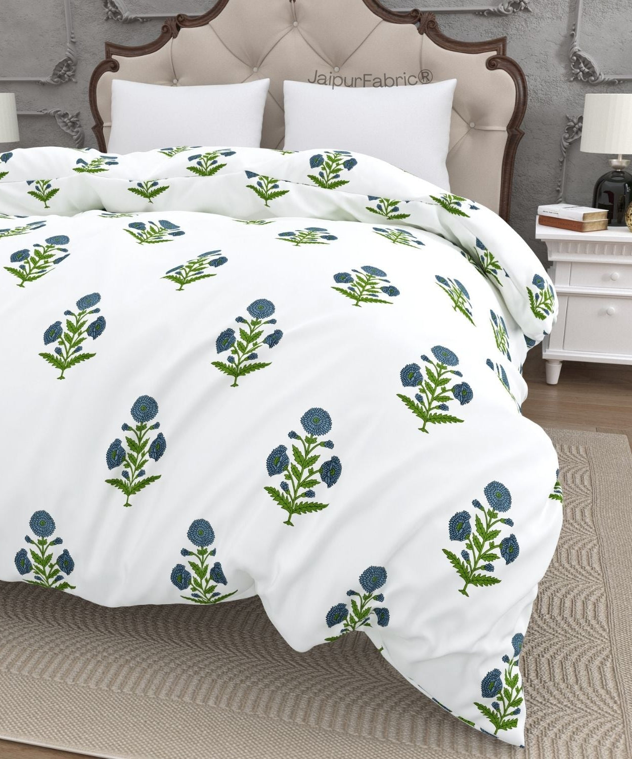 Jaipuri Aachho Hand Block Printed Double Bed Quilt with Blue Floral Blocks