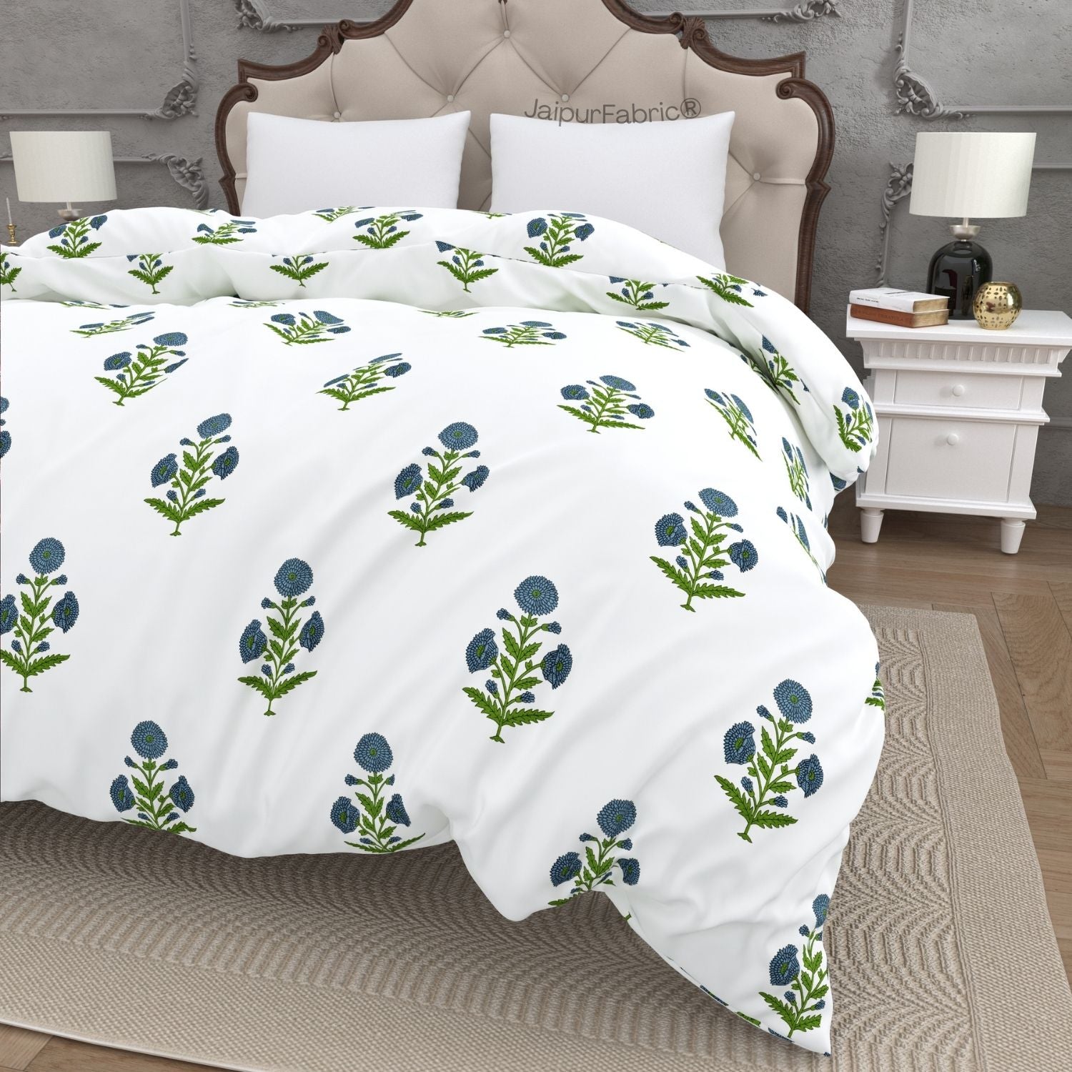 Jaipuri Aachho Hand Block Printed Double Bed Quilt with Blue Floral Blocks
