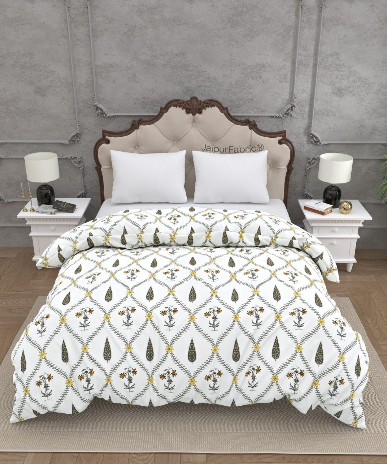 Beautiful Yellow & Grey Pookalam Floral Symphony Rihaa Handblock Printed Double Bed Quilt