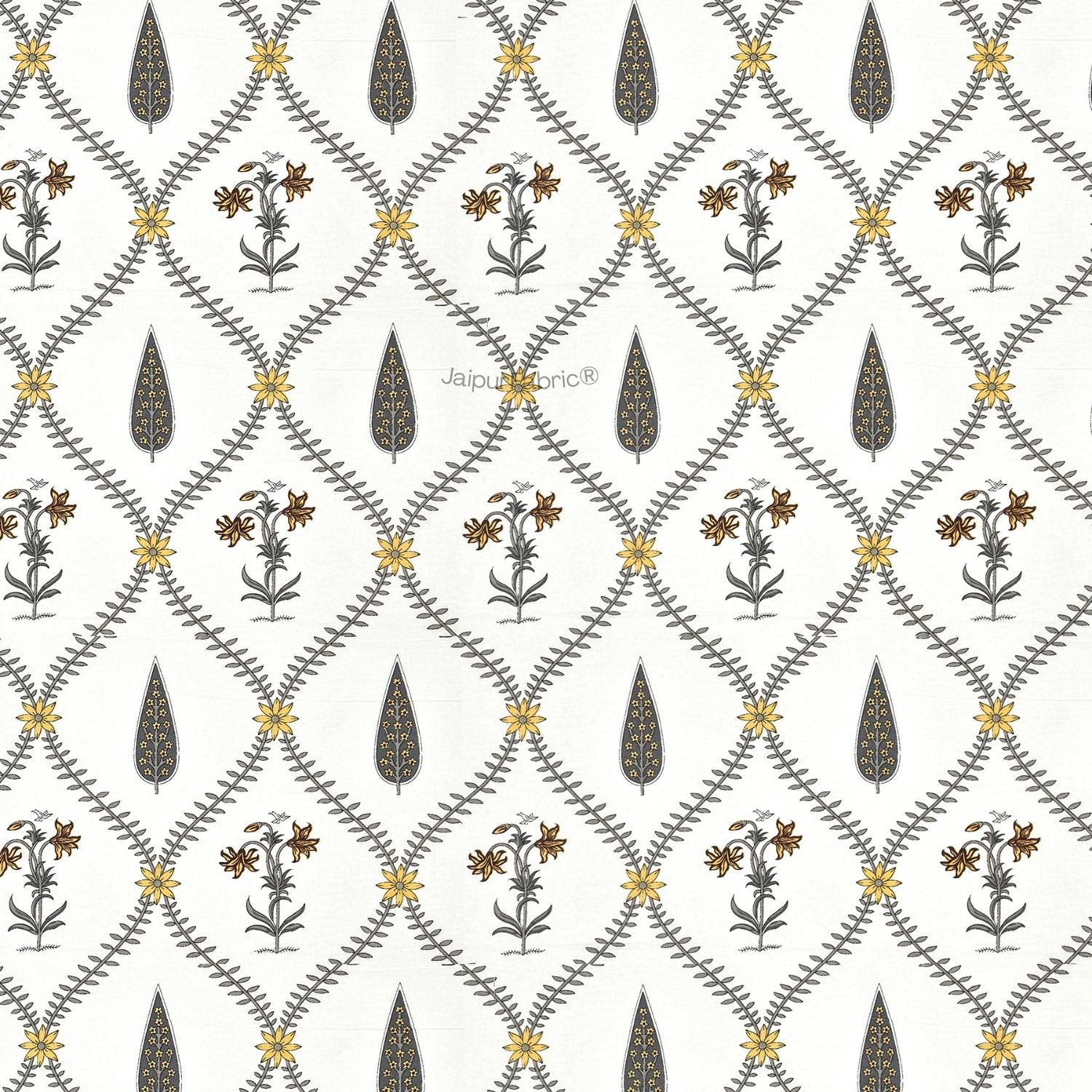 Beautiful Yellow & Grey Pookalam Floral Symphony Rihaa Handblock Printed Double Bed Quilt