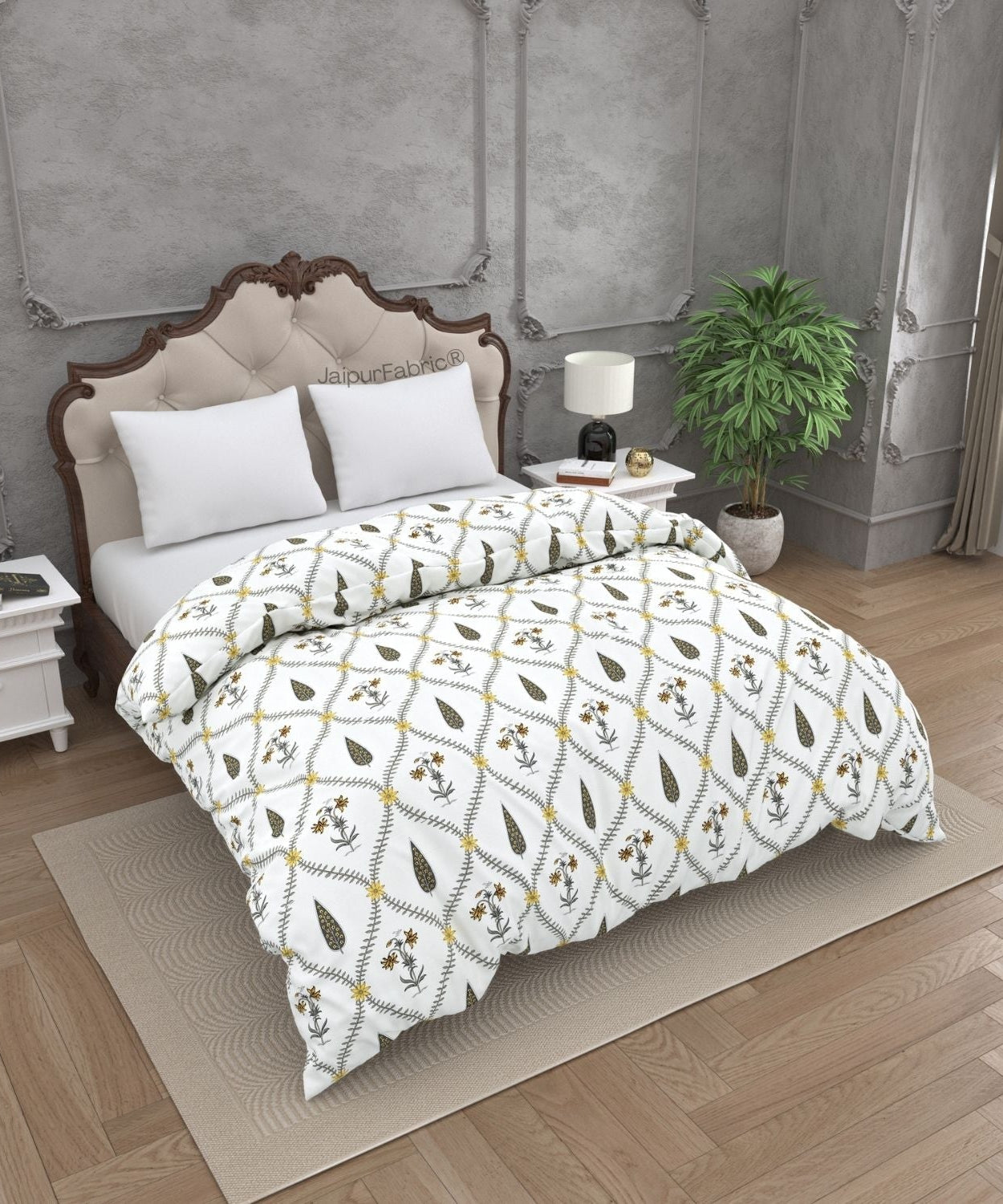 Beautiful Yellow & Grey Pookalam Floral Symphony Rihaa Handblock Printed Double Bed Quilt