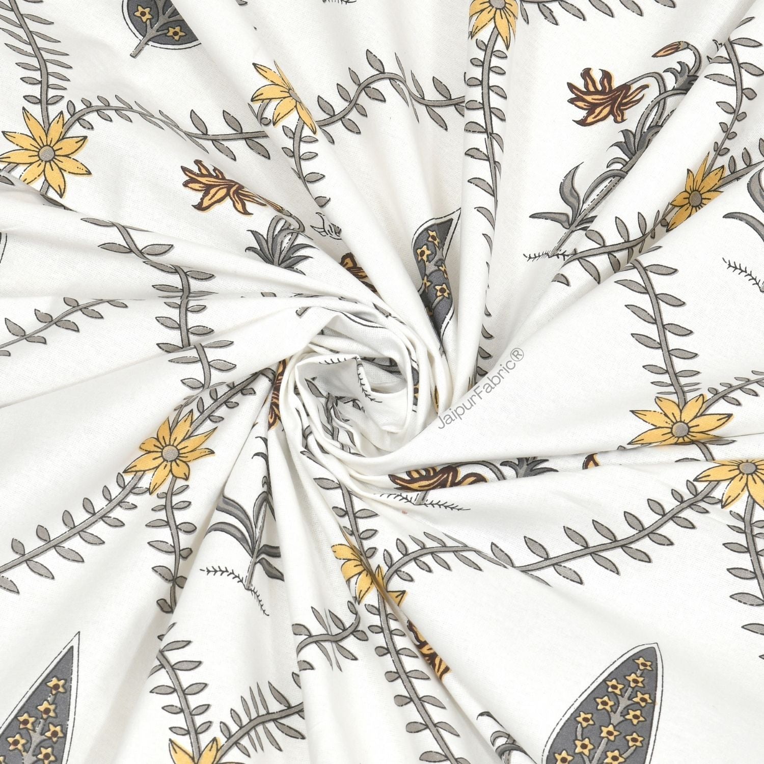 Beautiful Yellow & Grey Pookalam Floral Symphony Rihaa Handblock Printed Double Bed Quilt