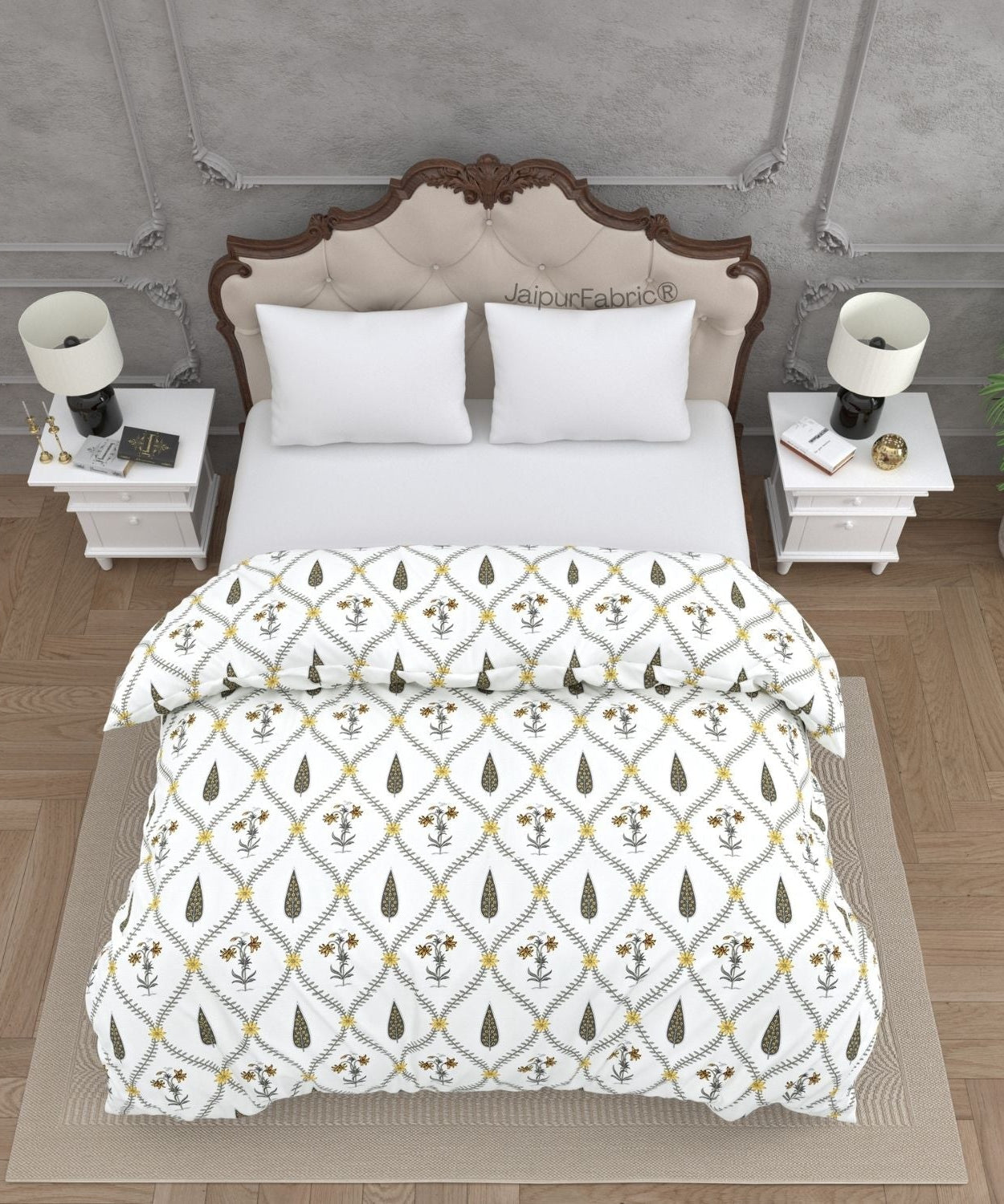 Beautiful Yellow & Grey Pookalam Floral Symphony Rihaa Handblock Printed Double Bed Quilt