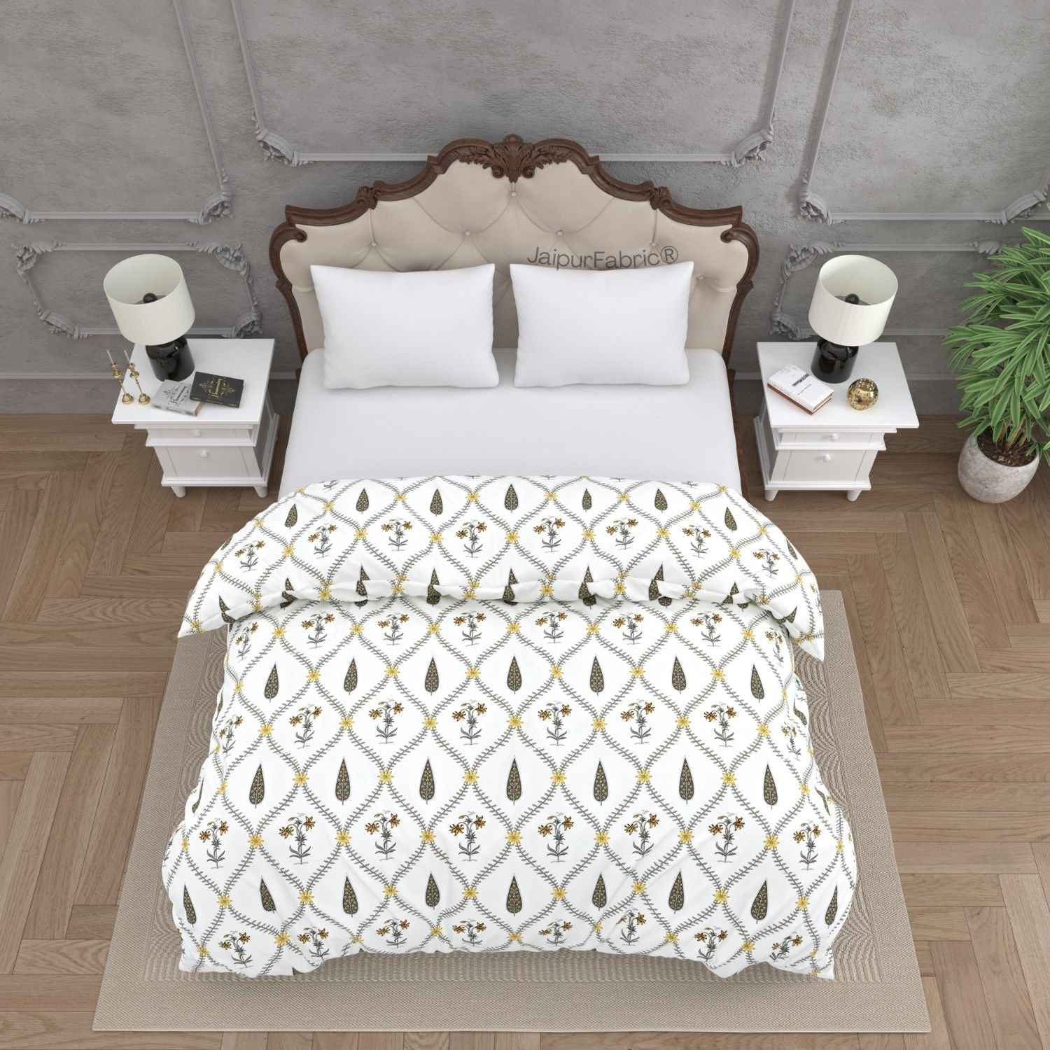 Beautiful Yellow & Grey Pookalam Floral Symphony Rihaa Handblock Printed Double Bed Quilt