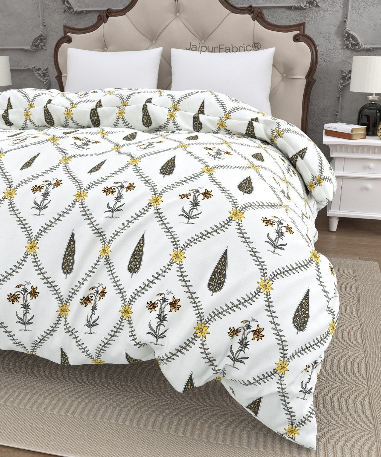 Beautiful Yellow & Grey Pookalam Floral Symphony Rihaa Handblock Printed Double Bed Quilt