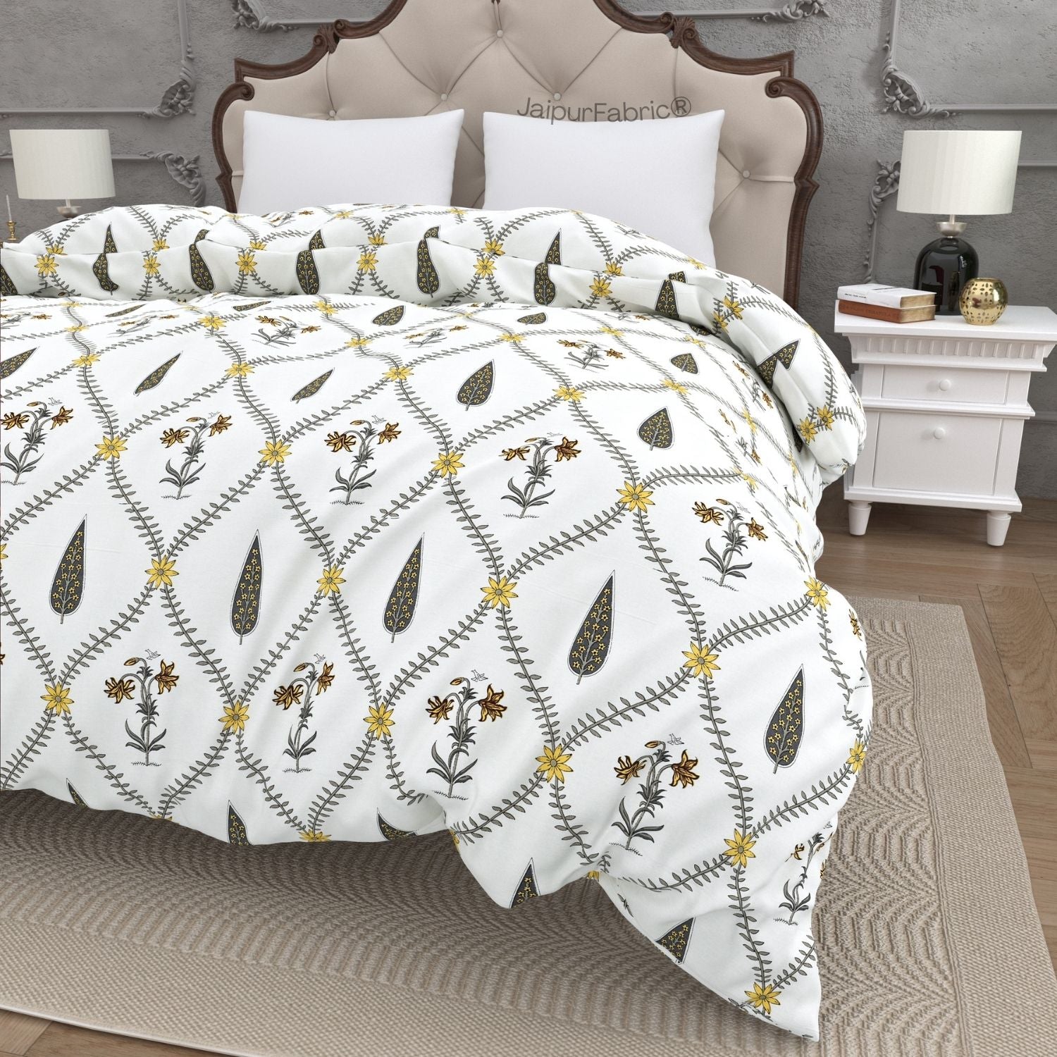 Beautiful Yellow & Grey Pookalam Floral Symphony Rihaa Handblock Printed Double Bed Quilt