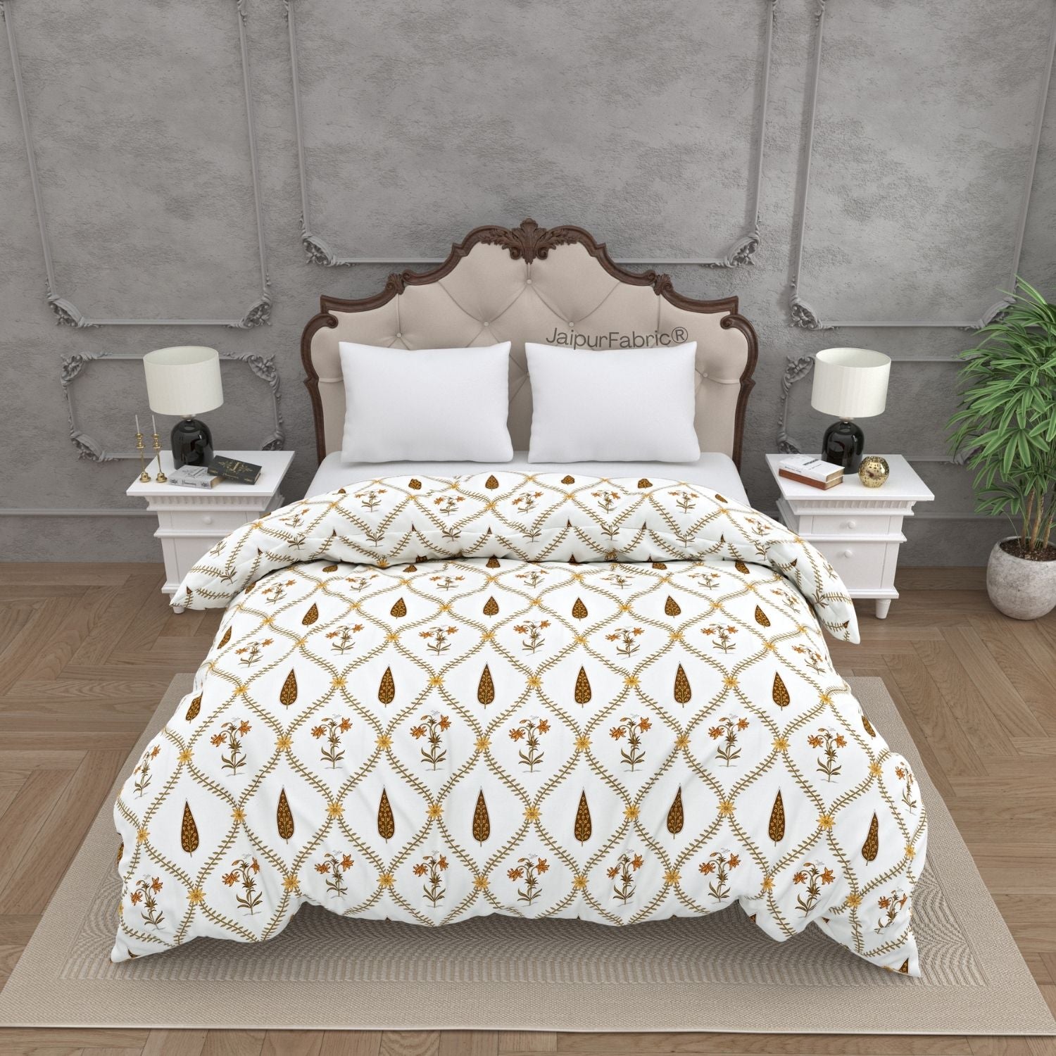 Pinklay Golden Bloom Heritage Double Bed Quilt with Yellow & Brown Floral Block Prints