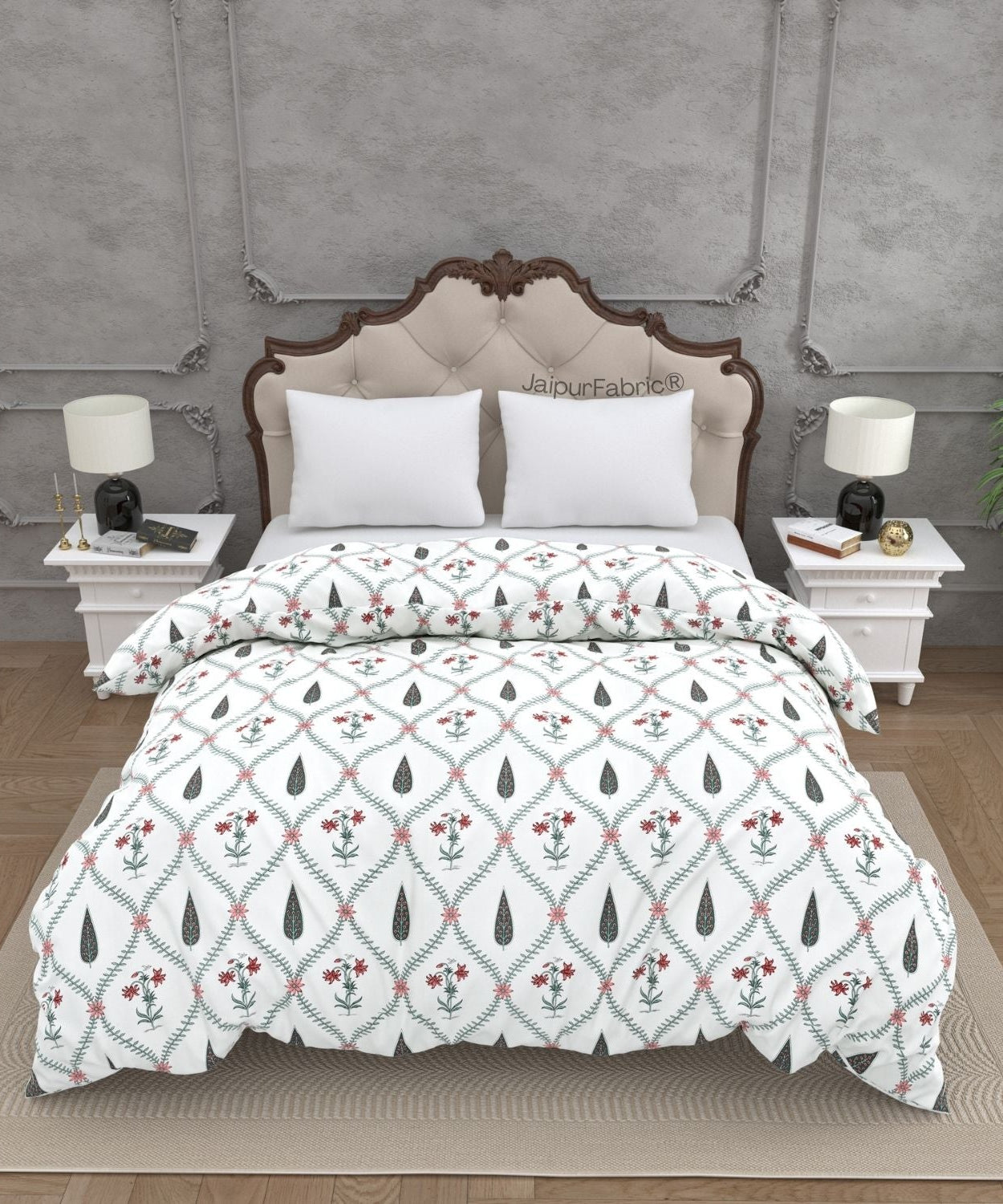 Madhuban Handblock Pink Flowers and Green Leaves Double Bed Quilt