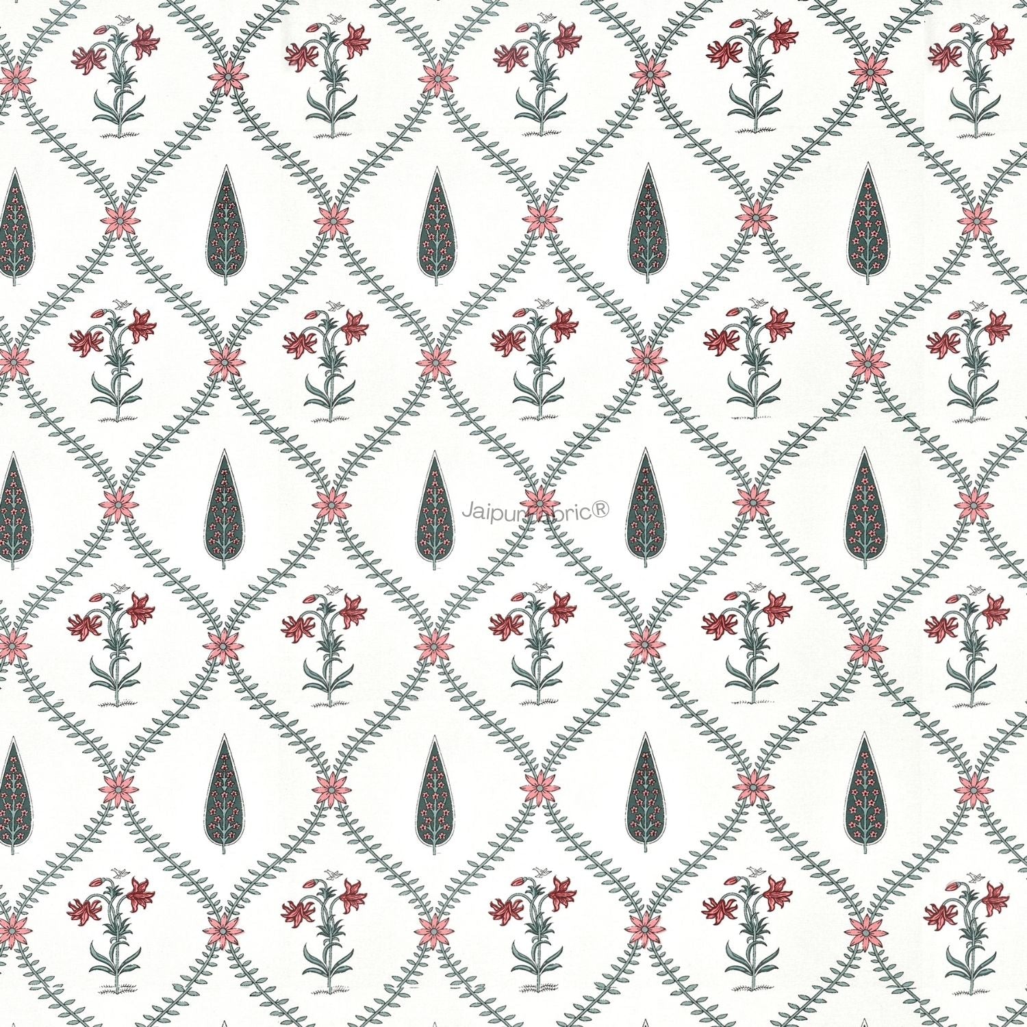 Madhuban Handblock Pink Flowers and Green Leaves Double Bed Quilt