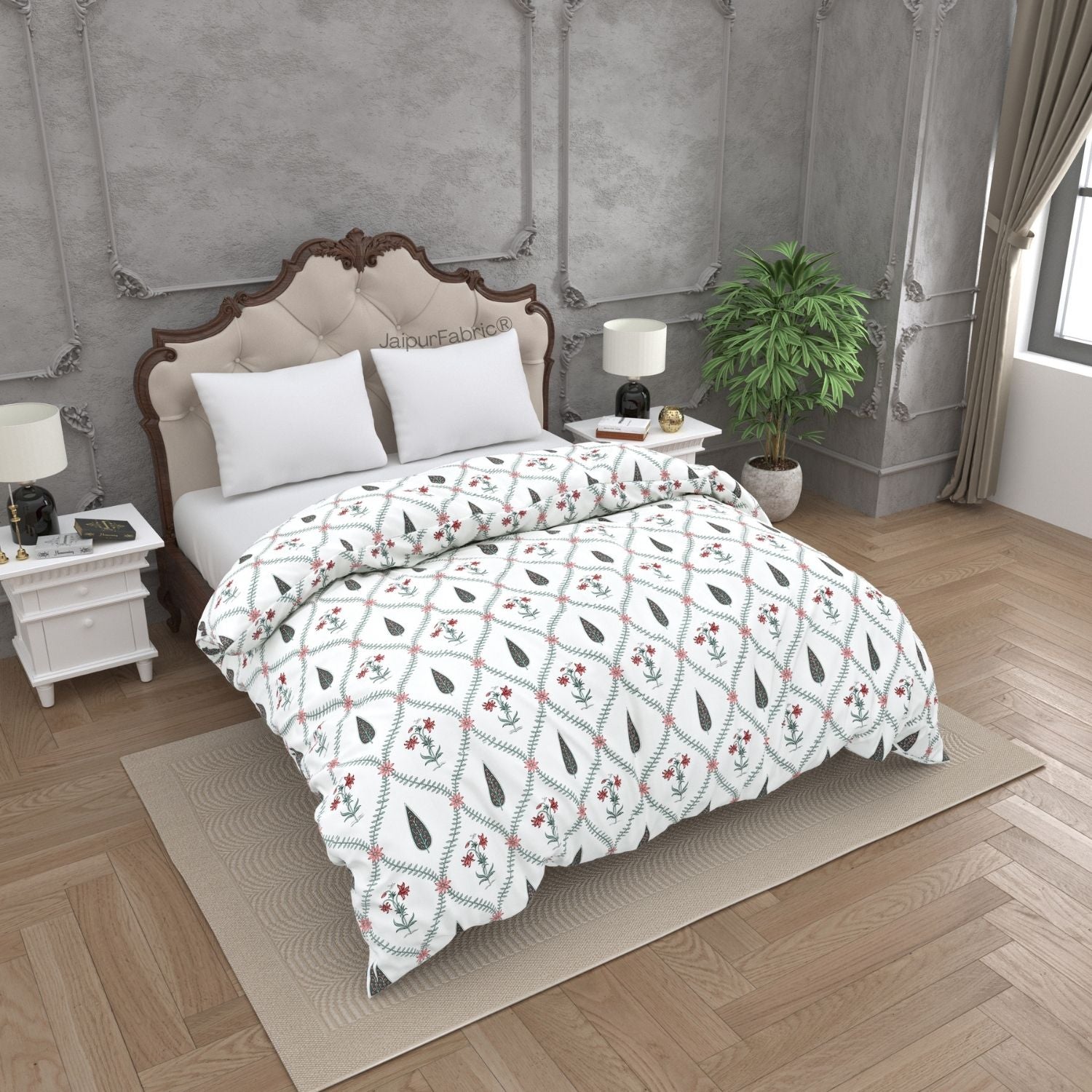 Madhuban Handblock Pink Flowers and Green Leaves Double Bed Quilt