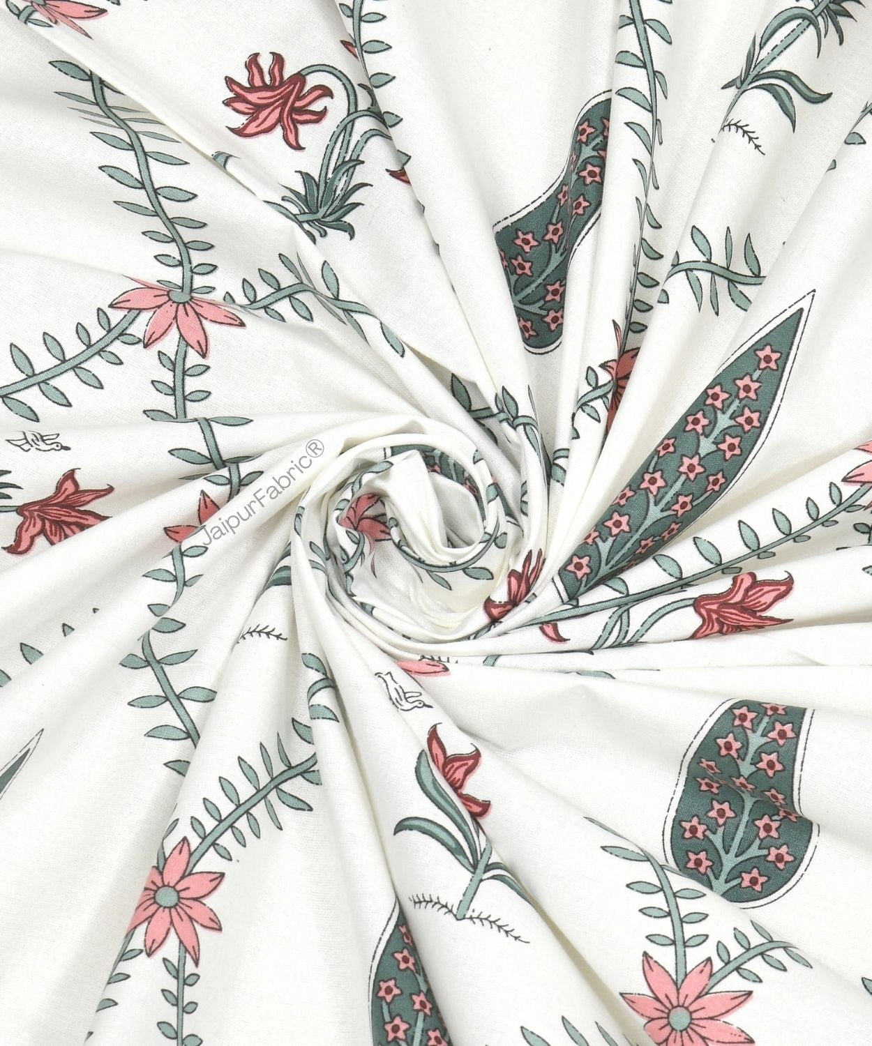 Madhuban Handblock Pink Flowers and Green Leaves Double Bed Quilt