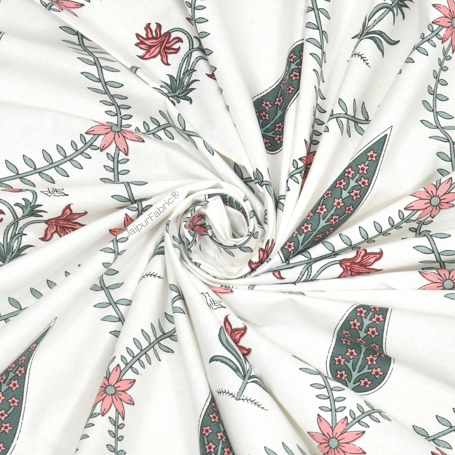 Madhuban Handblock Pink Flowers and Green Leaves Double Bed Quilt