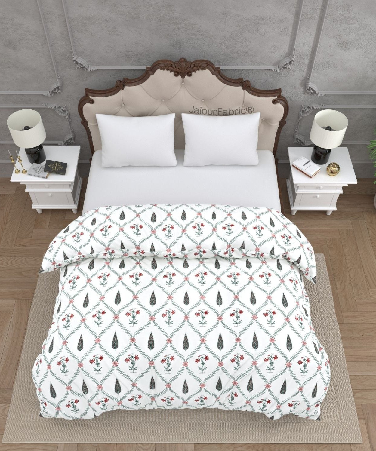 Madhuban Handblock Pink Flowers and Green Leaves Double Bed Quilt