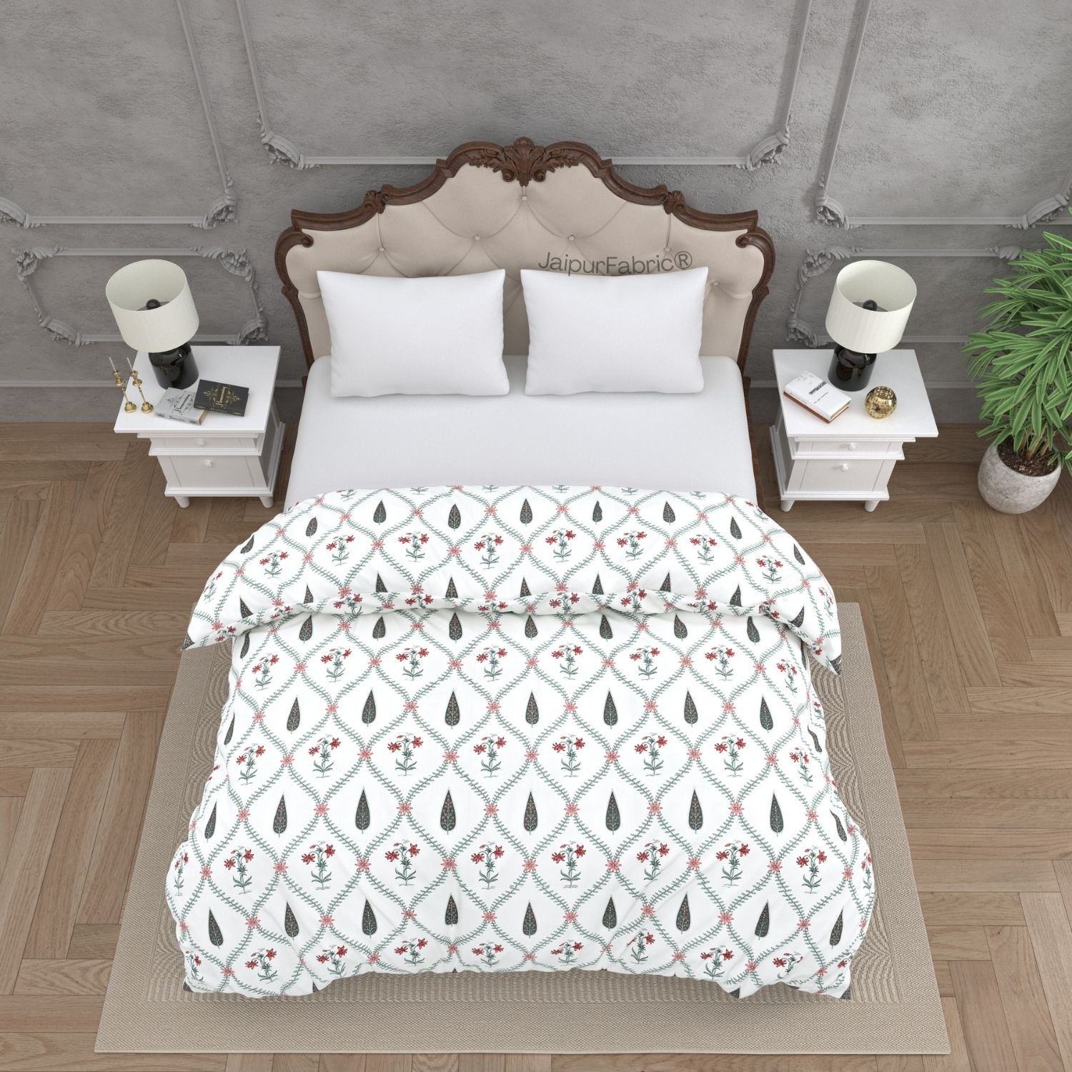 Madhuban Handblock Pink Flowers and Green Leaves Double Bed Quilt