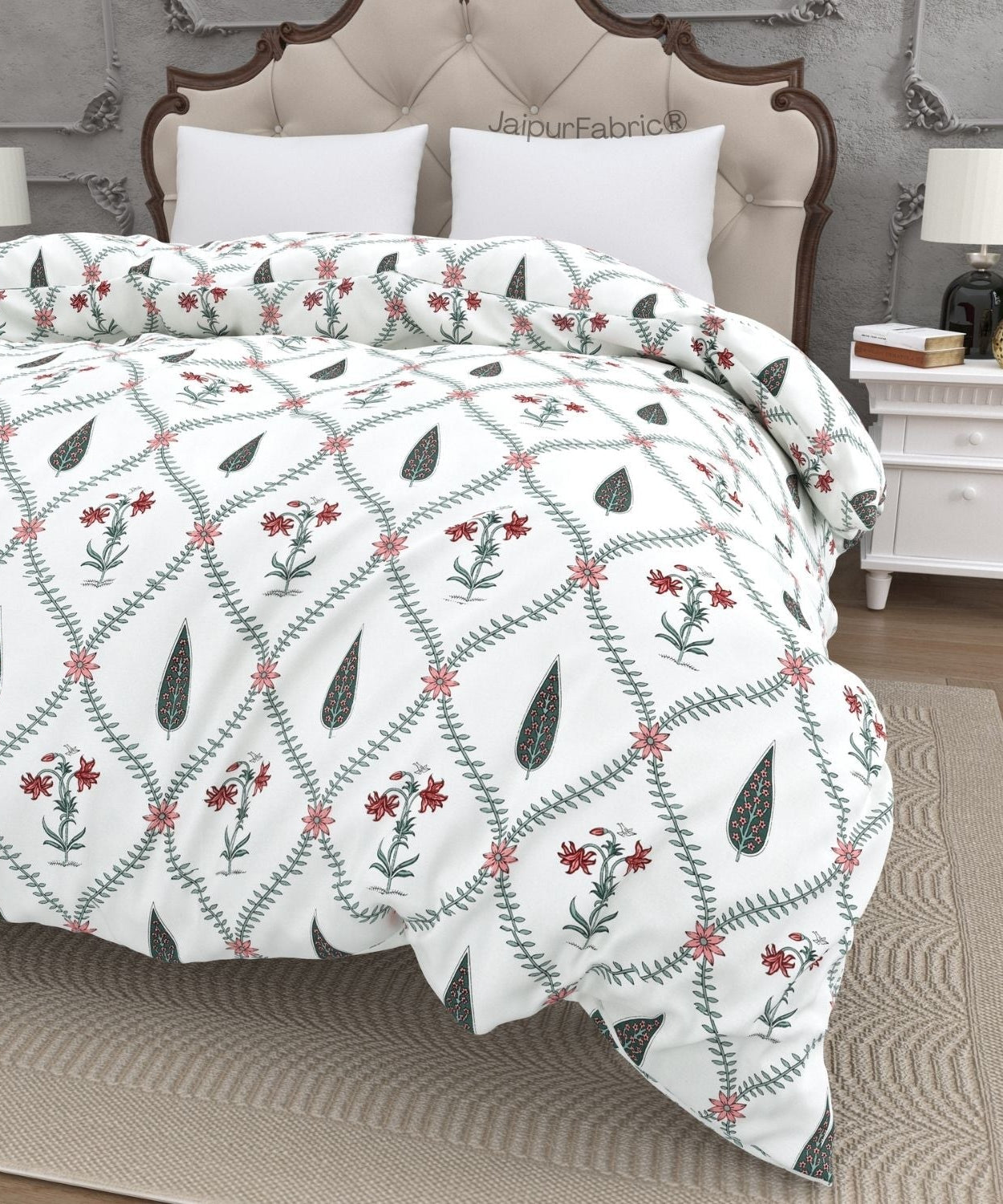 Madhuban Handblock Pink Flowers and Green Leaves Double Bed Quilt