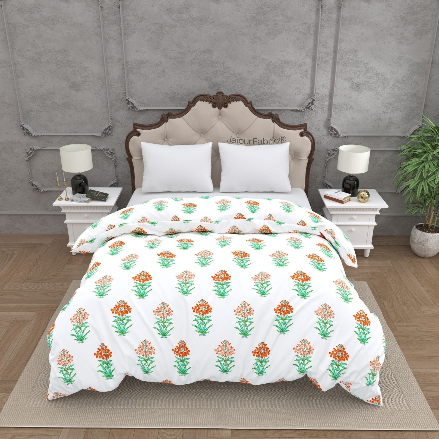 Jaipur Garden Hand Block Printed Orange Blossom and Green Leaf Double Bed Quilt