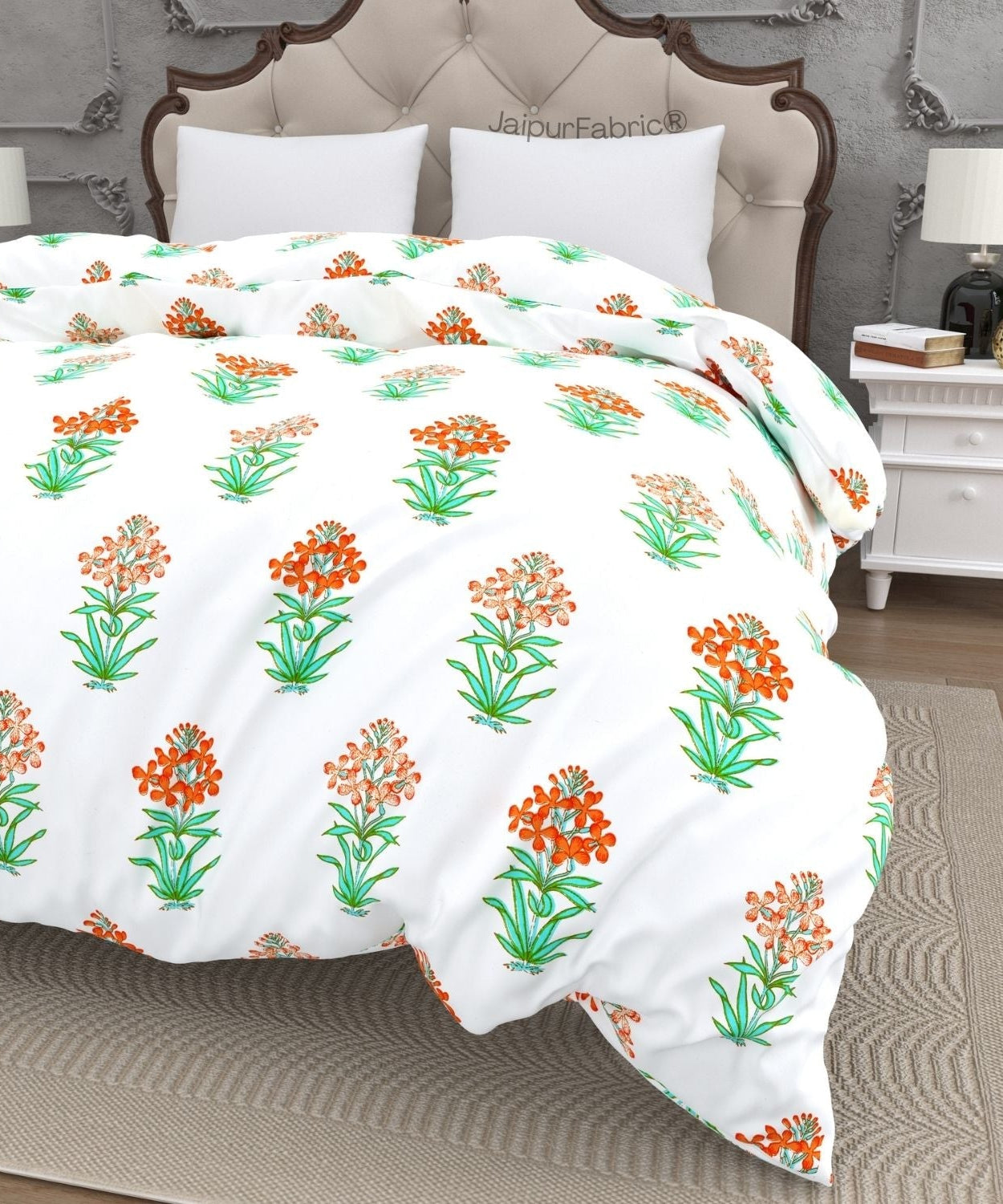 Jaipur Garden Hand Block Printed Orange Blossom and Green Leaf Double Bed Quilt