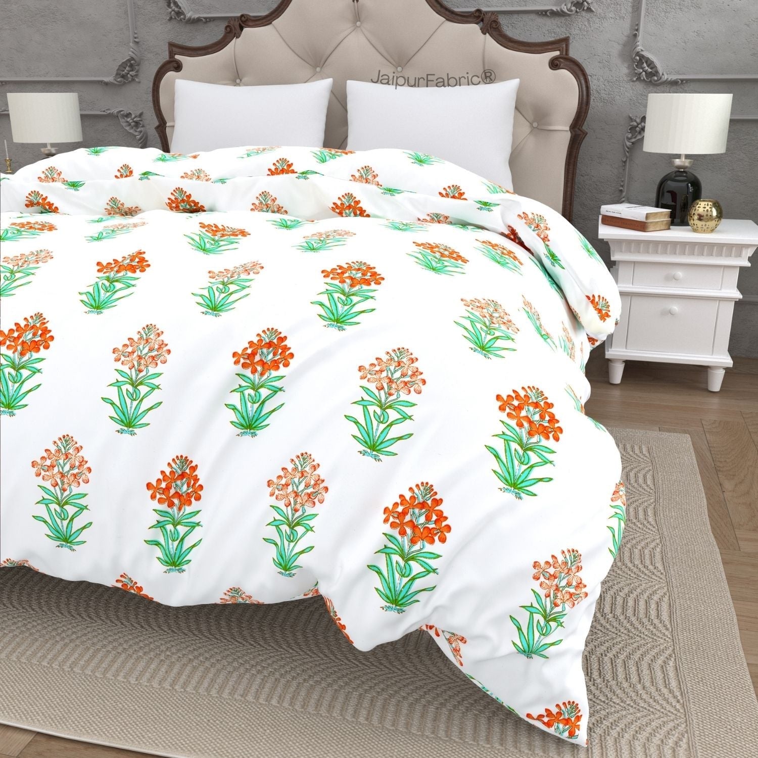 Jaipur Garden Hand Block Printed Orange Blossom and Green Leaf Double Bed Quilt
