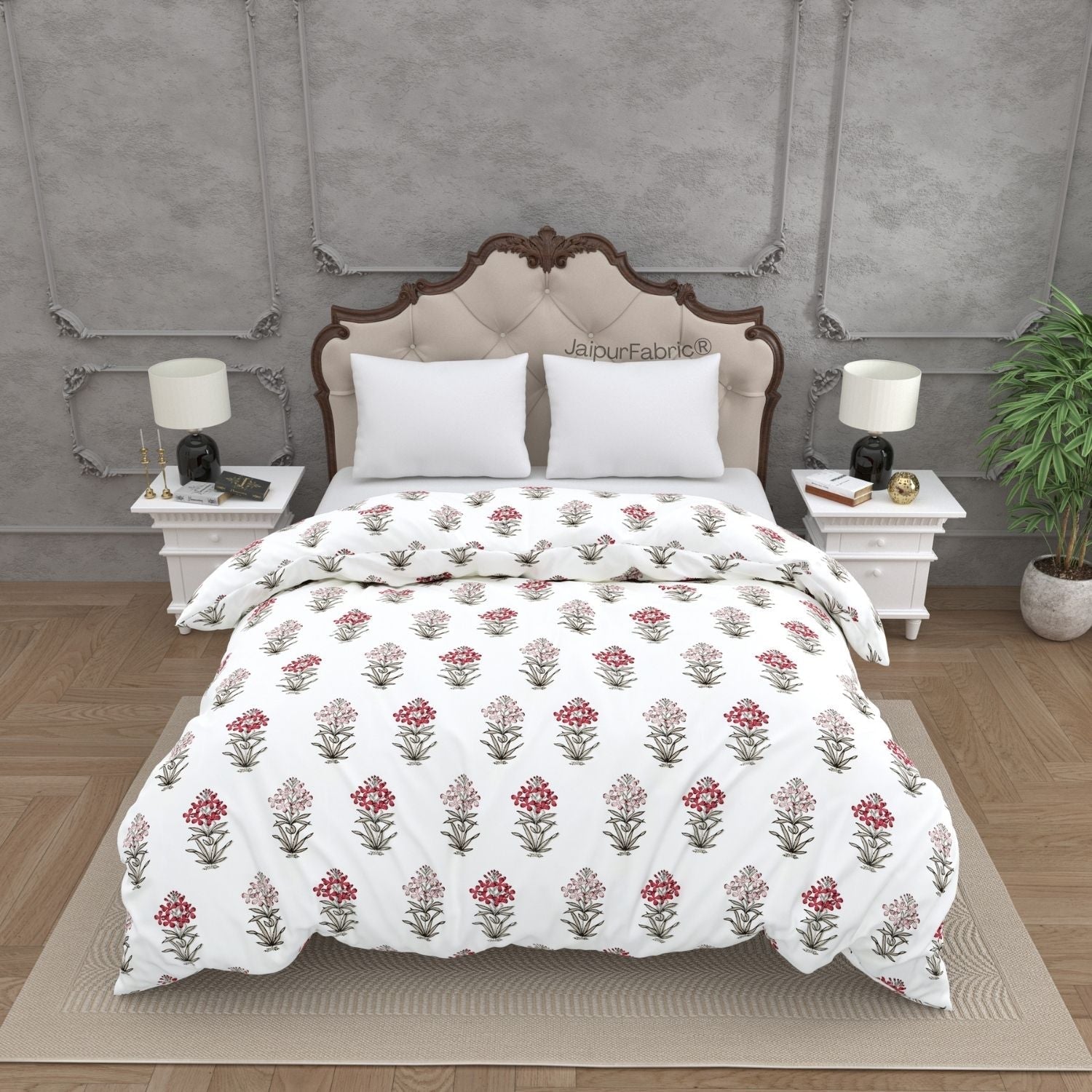 Jaipur Garden Hand Block Printed Red and Pink Floral Double Bed Quilt