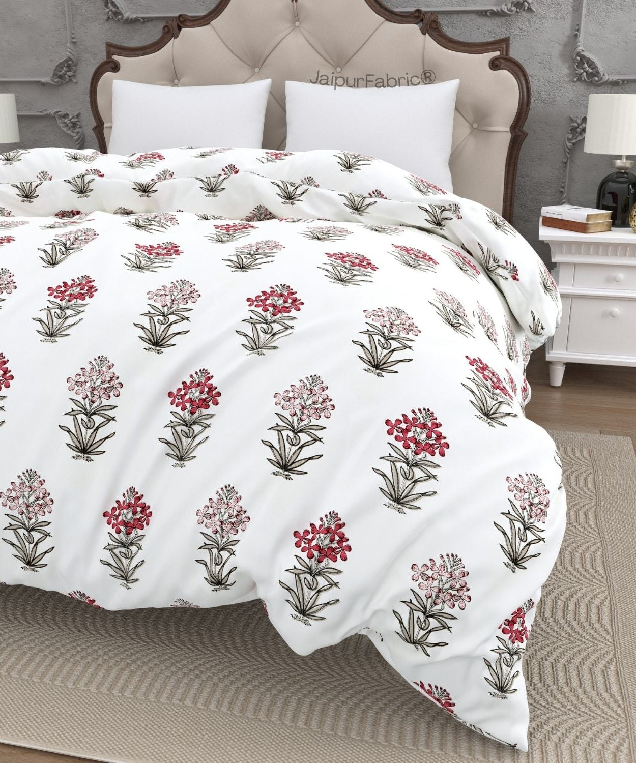 Jaipur Garden Hand Block Printed Red and Pink Floral Double Bed Quilt
