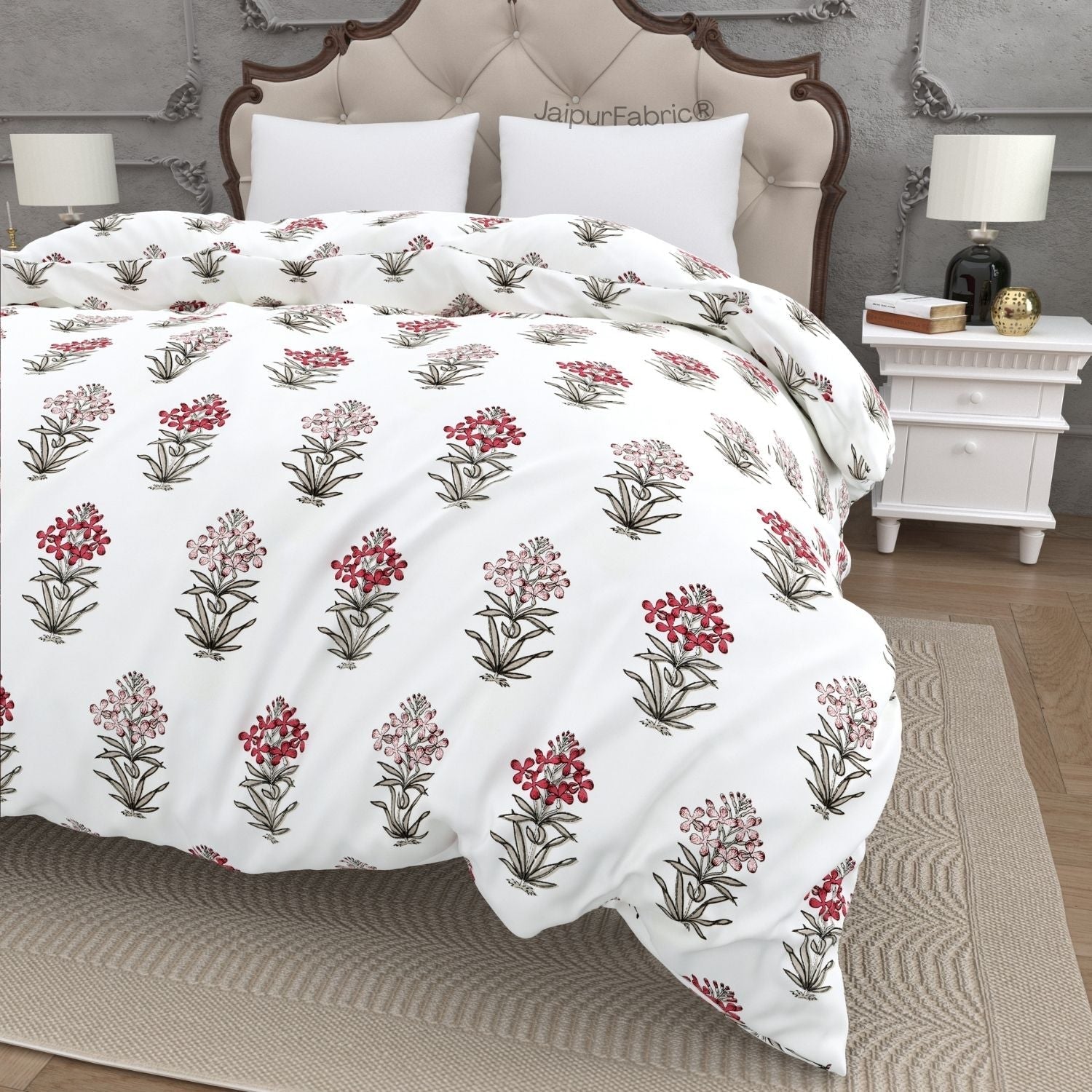 Jaipur Garden Hand Block Printed Red and Pink Floral Double Bed Quilt