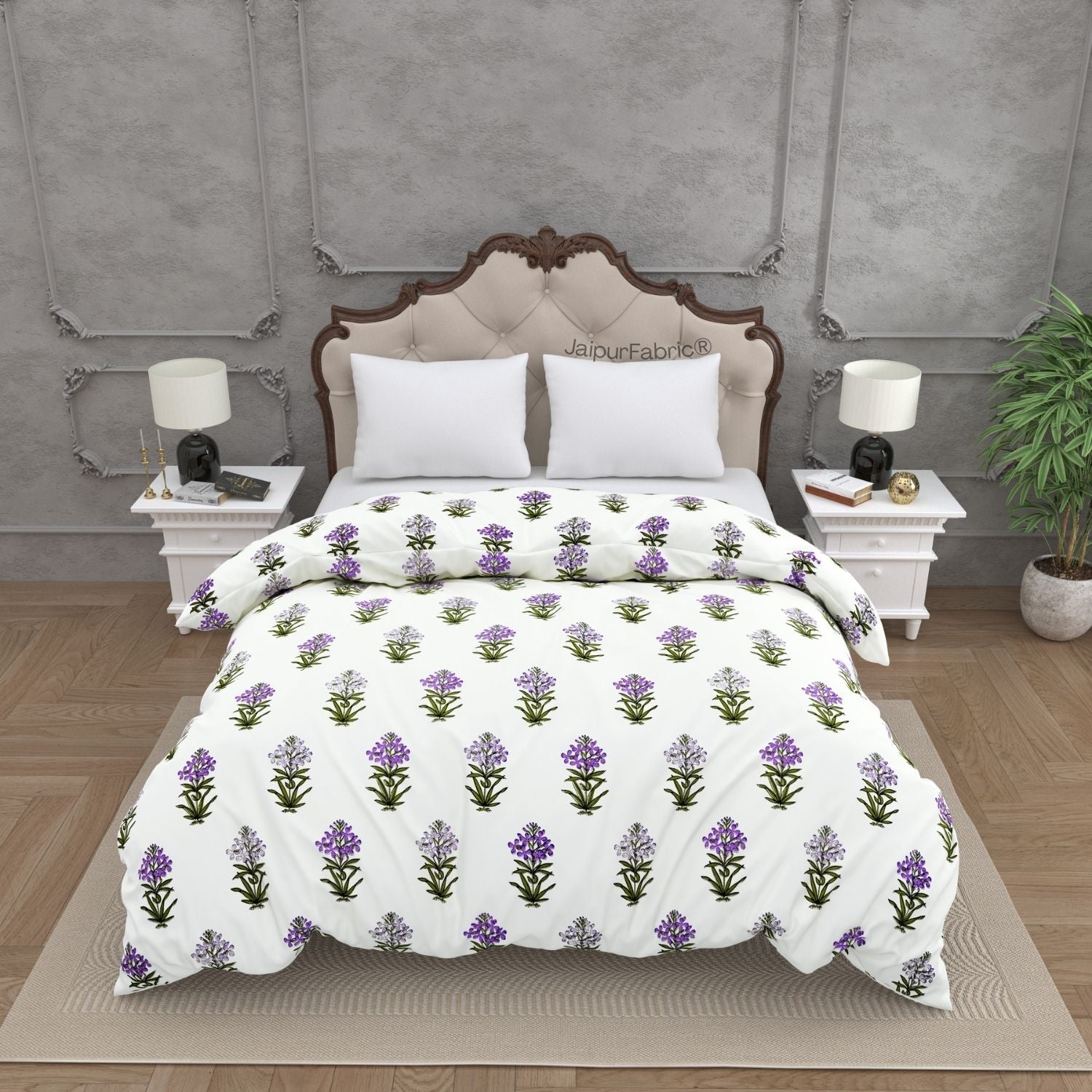 Jaipur Garden Hand Block Printed Purple Floral and Green Leaf Double Bed Quilt