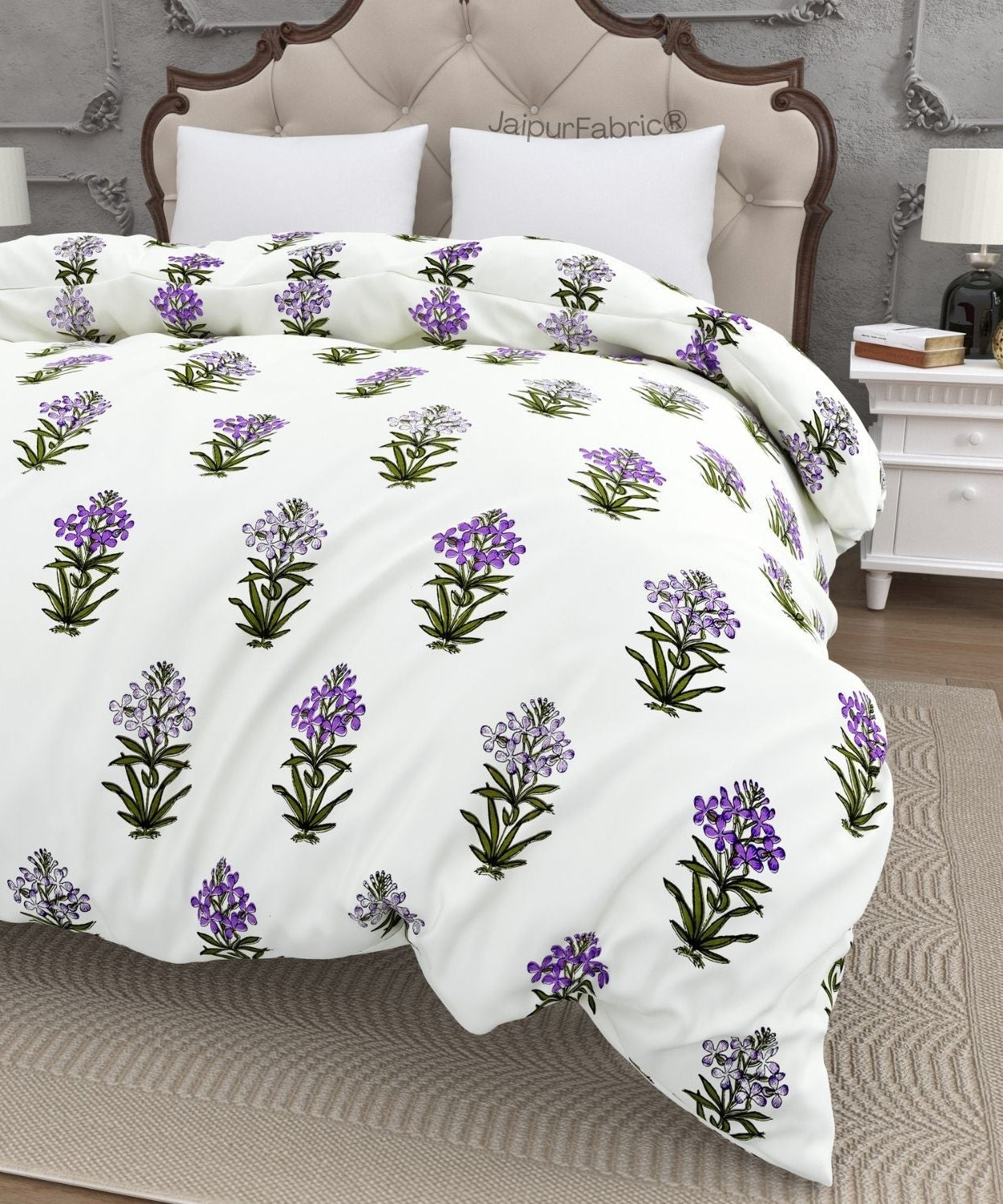 Jaipur Garden Hand Block Printed Purple Floral and Green Leaf Double Bed Quilt