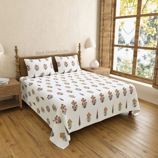 Brown Mustard Floral Jaipur King Size Boota Print Bedsheet