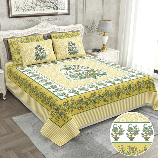 Yellow Jaipuri Gamla King Size Cotton Bedsheet