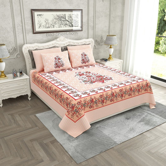 Jaipuri Gamla Soft Peach Cotton King Size Bedsheet