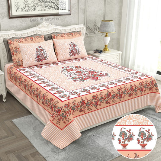 Jaipuri Gamla Soft Peach Cotton King Size Bedsheet