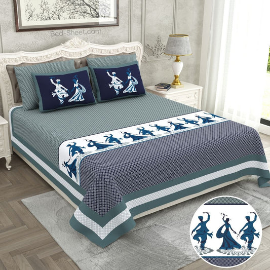 Divine Dance Blue Cotton King Size Bedsheet