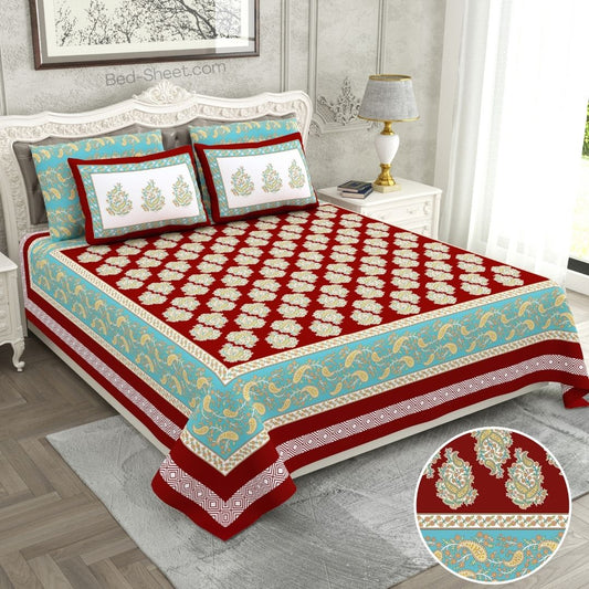 Crimson Red Ethnic King Size Cotton Bedsheet